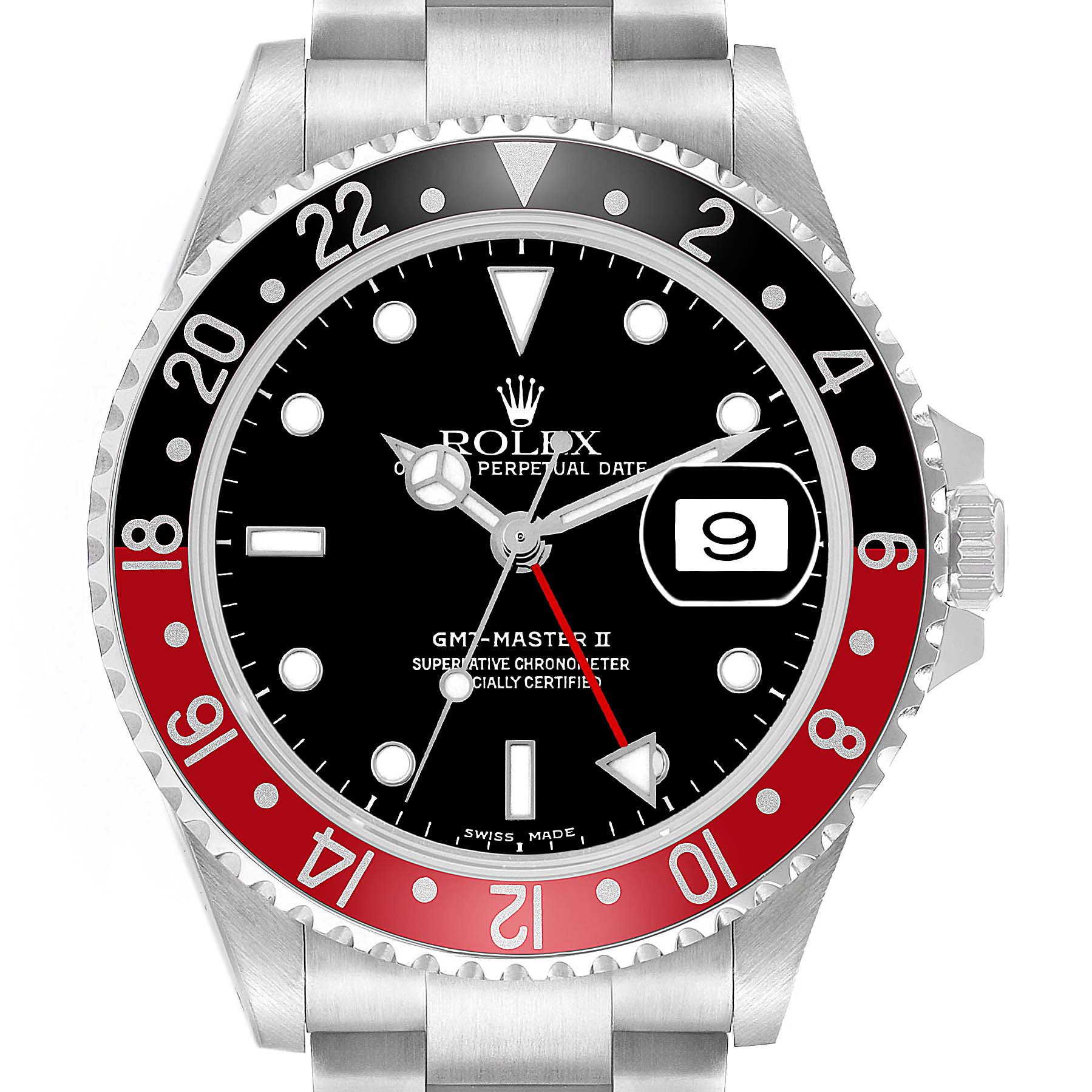 The Rolex GMT-Master 16710 Men's Stainless Steel Black Dial II is shown from the front, displaying the bezel, dial, hands, and date window.