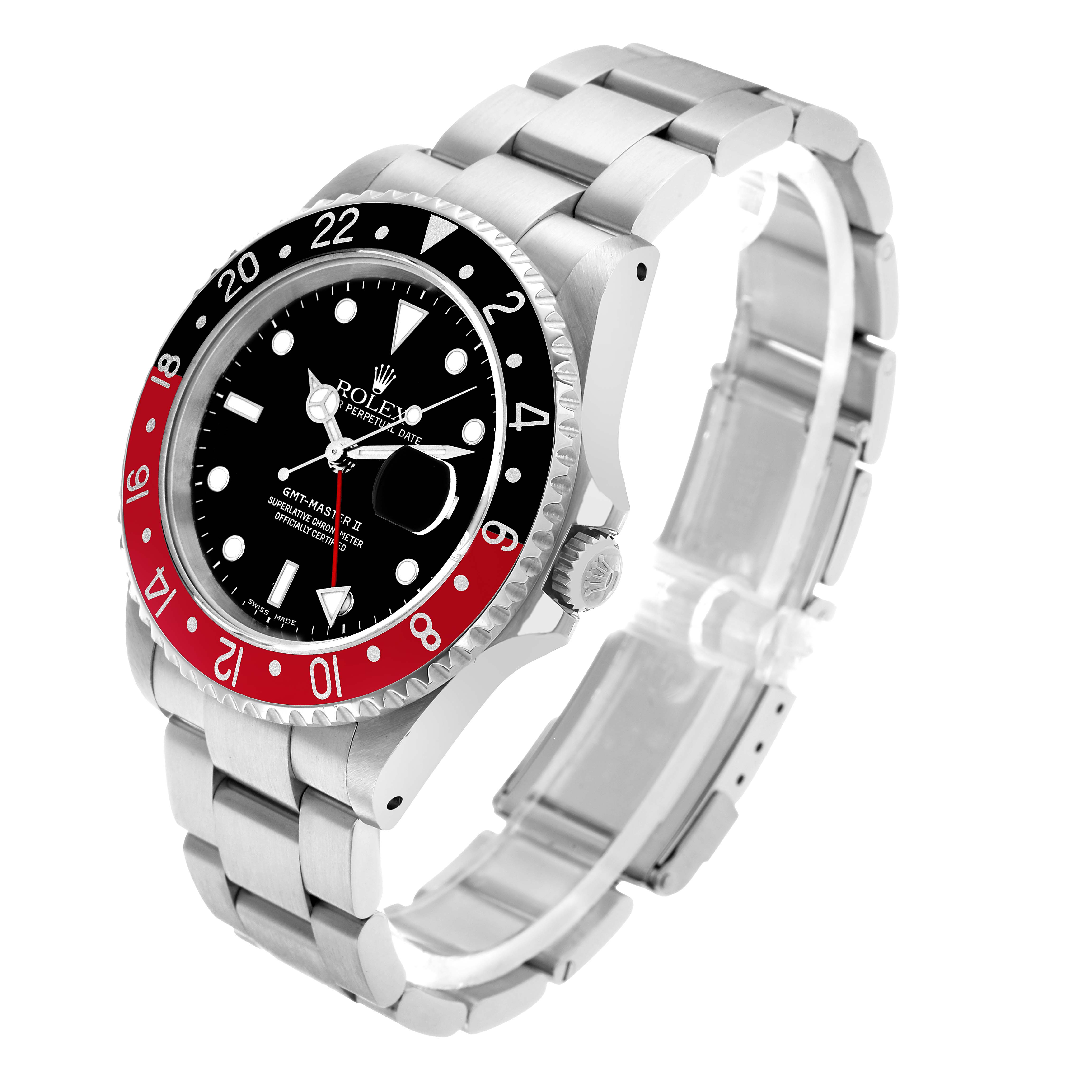 The Rolex GMT-Master 16710 Men's Stainless Steel Black Dial watch is shown at a three-quarter angle, highlighting the bezel, dial, case, and bracelet.