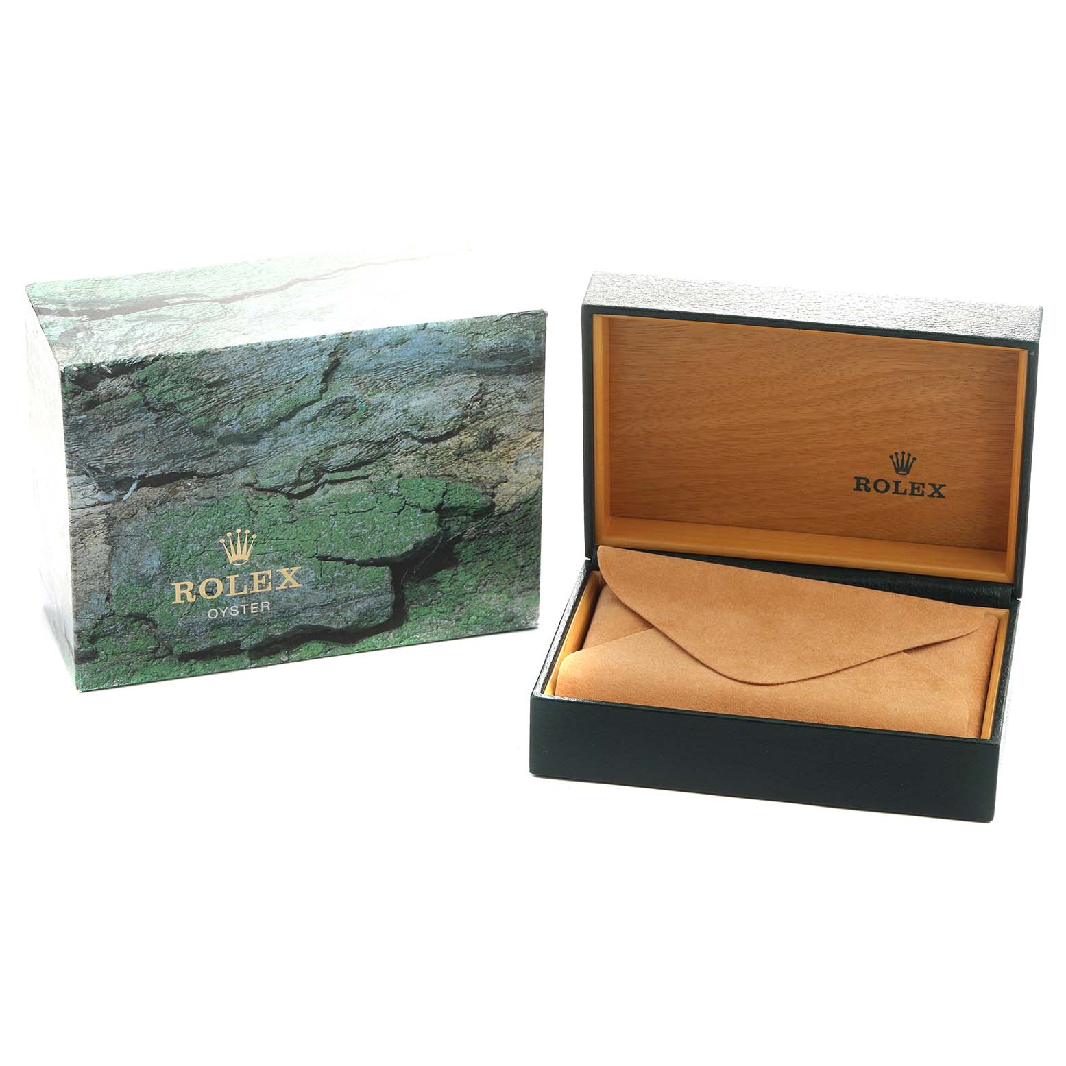 The image shows the packaging for a Rolex GMT-Master 16710 Men's Stainless Steel Black Dial, featuring an opened wooden box and a green outer box with the brand logo.