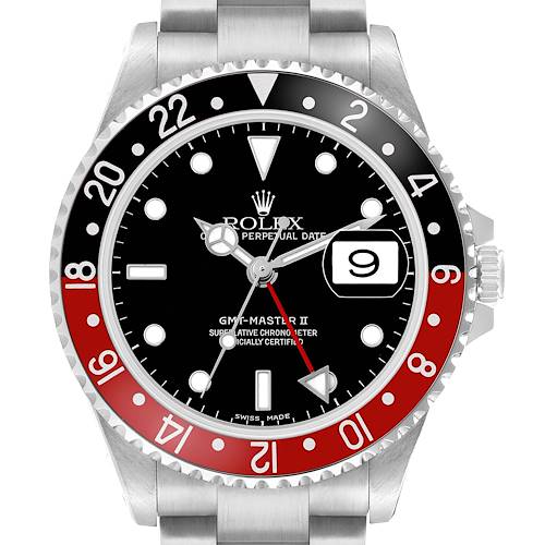 The Rolex GMT-Master 16710 Men's Stainless Steel Black Dial watch is shown from the front, displaying its bezel, dial, hands, date window, and bracelet.