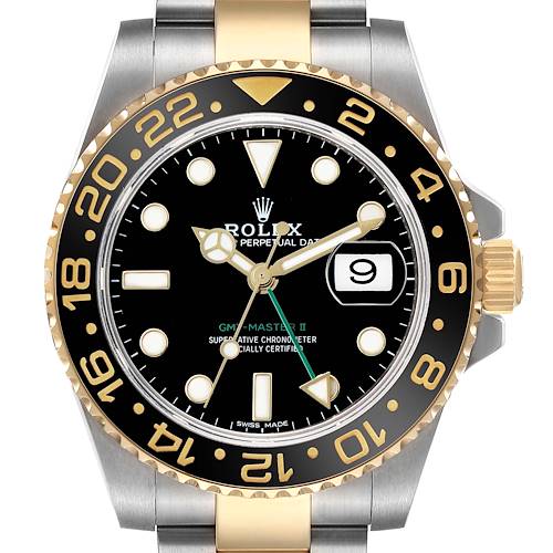 The Rolex GMT-Master 116713 Men's Steel and Gold (two tone) Black Dial II watch is shown from a front view, highlighting the bezel, dial, hands, and date window.