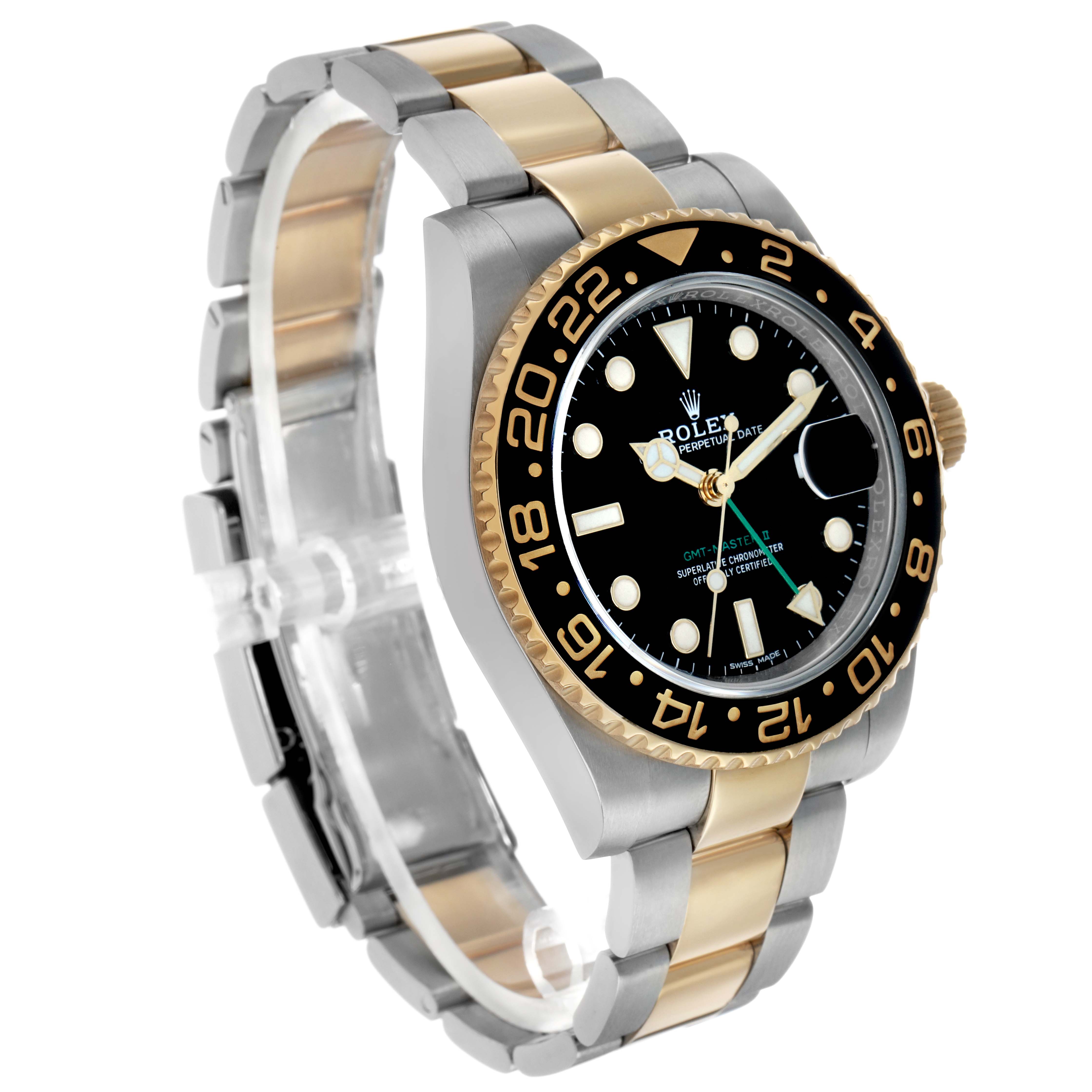 The Rolex GMT-Master 116713 Men's Steel and Gold (two tone) Black Dial watch is shown at a three-quarter angle, displaying the bezel, dial, case, and bracelet.