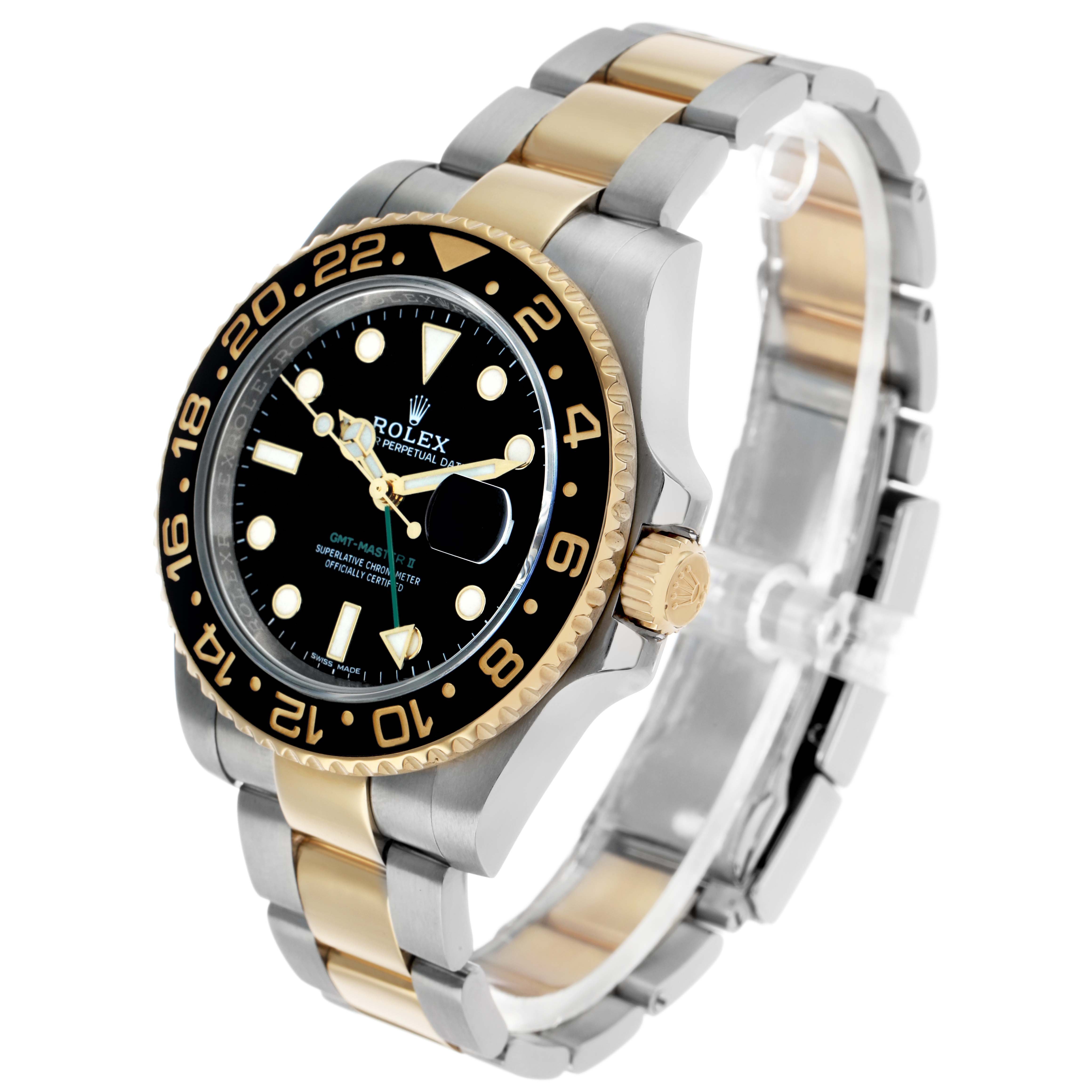 The Rolex GMT-Master 116713 Men's Steel and Gold (two tone) Black Dial watch is shown at an angled view, highlighting the bezel, face, crown, and two-tone bracelet.