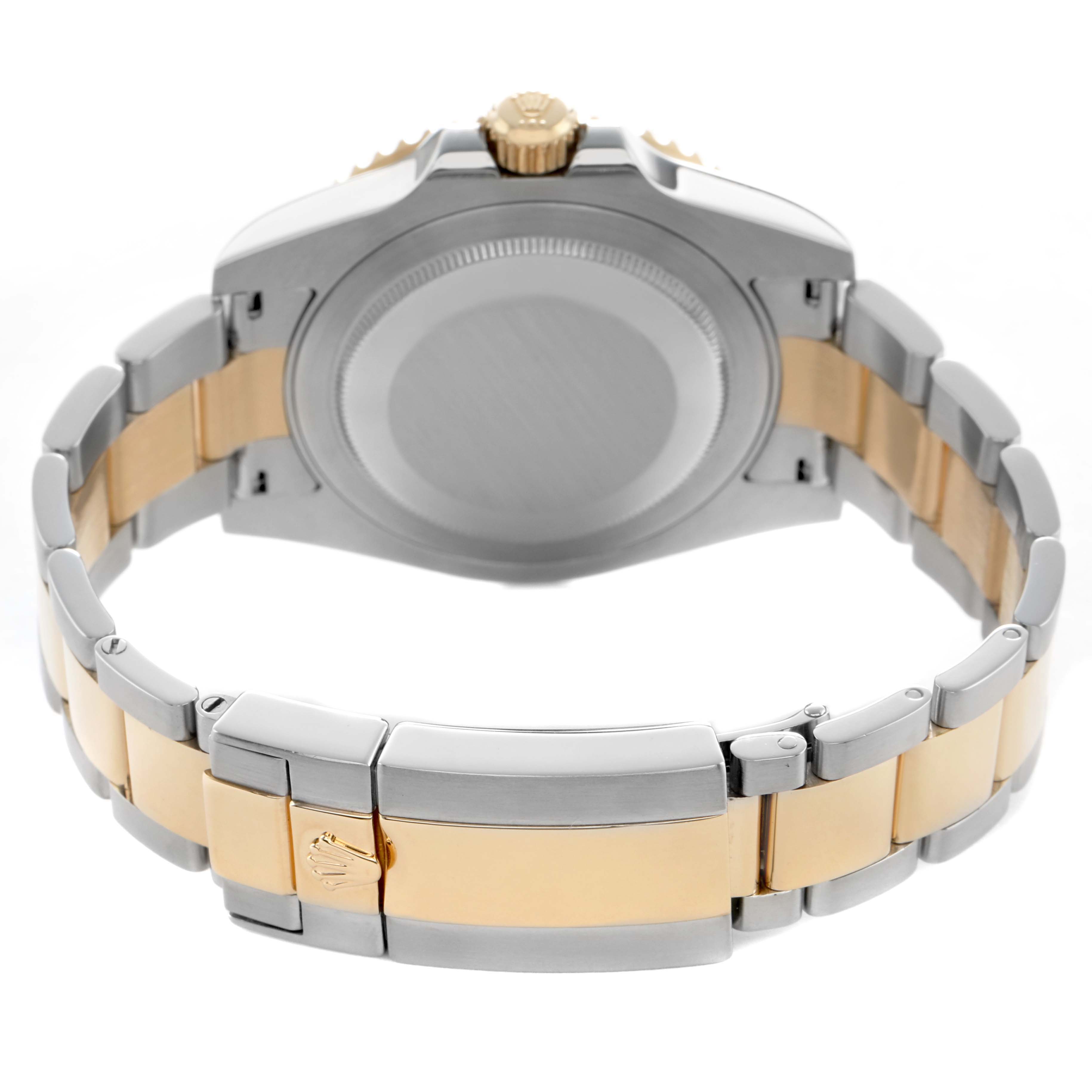 The image shows the back view of a Rolex GMT-Master 116713 Men's Steel and Gold (two tone) Black Dial, highlighting the case back and two-tone bracelet.