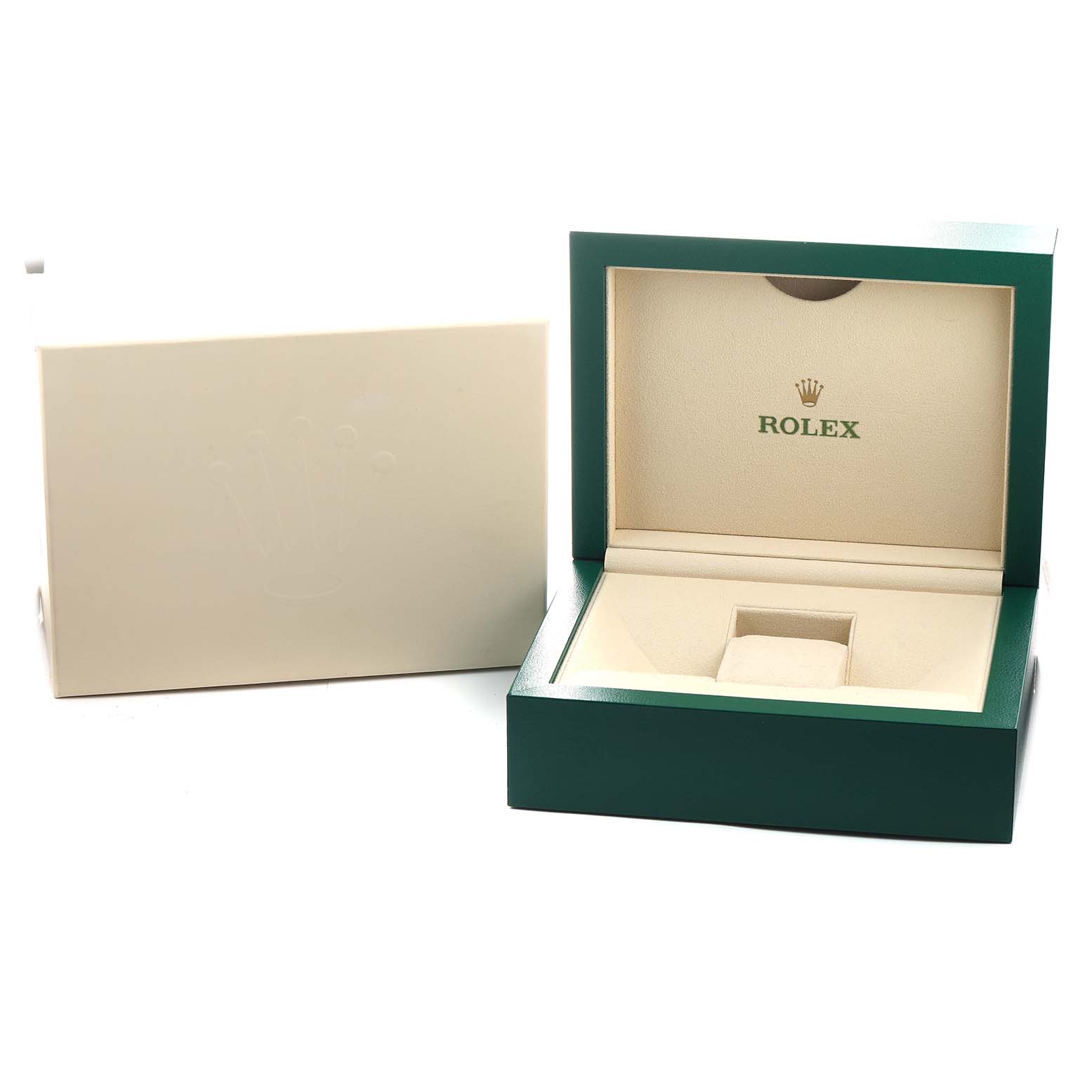 The image shows an open Rolex GMT-Master 116713 Men's Steel and Gold (two tone) Black Dial watch box at an angle, next to its beige outer box.