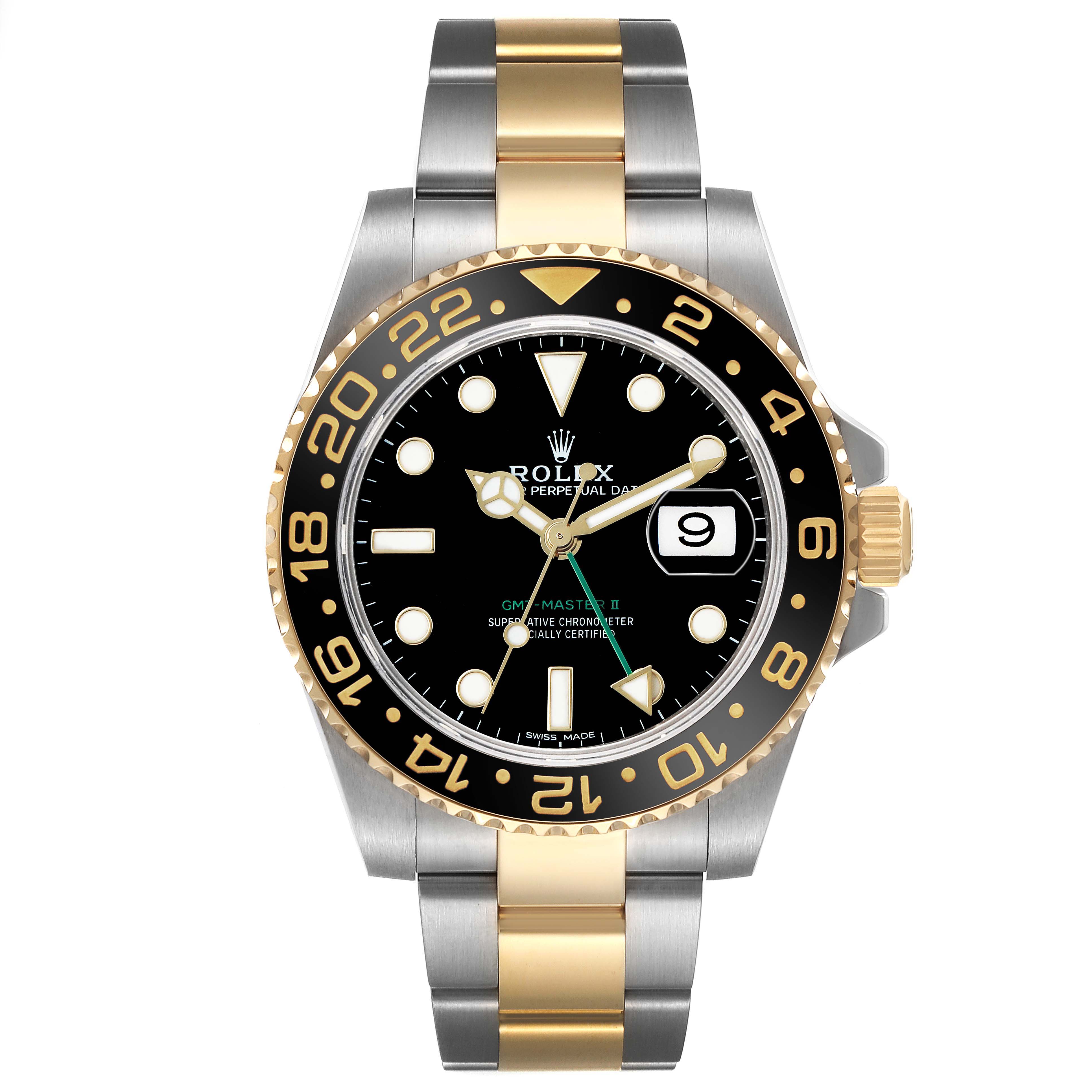 The Rolex GMT-Master 116713 Men's Steel and Gold (two tone) Black Dial watch is shown from a top-down angle, displaying its two-tone bracelet, black dial, and numbered bezel.