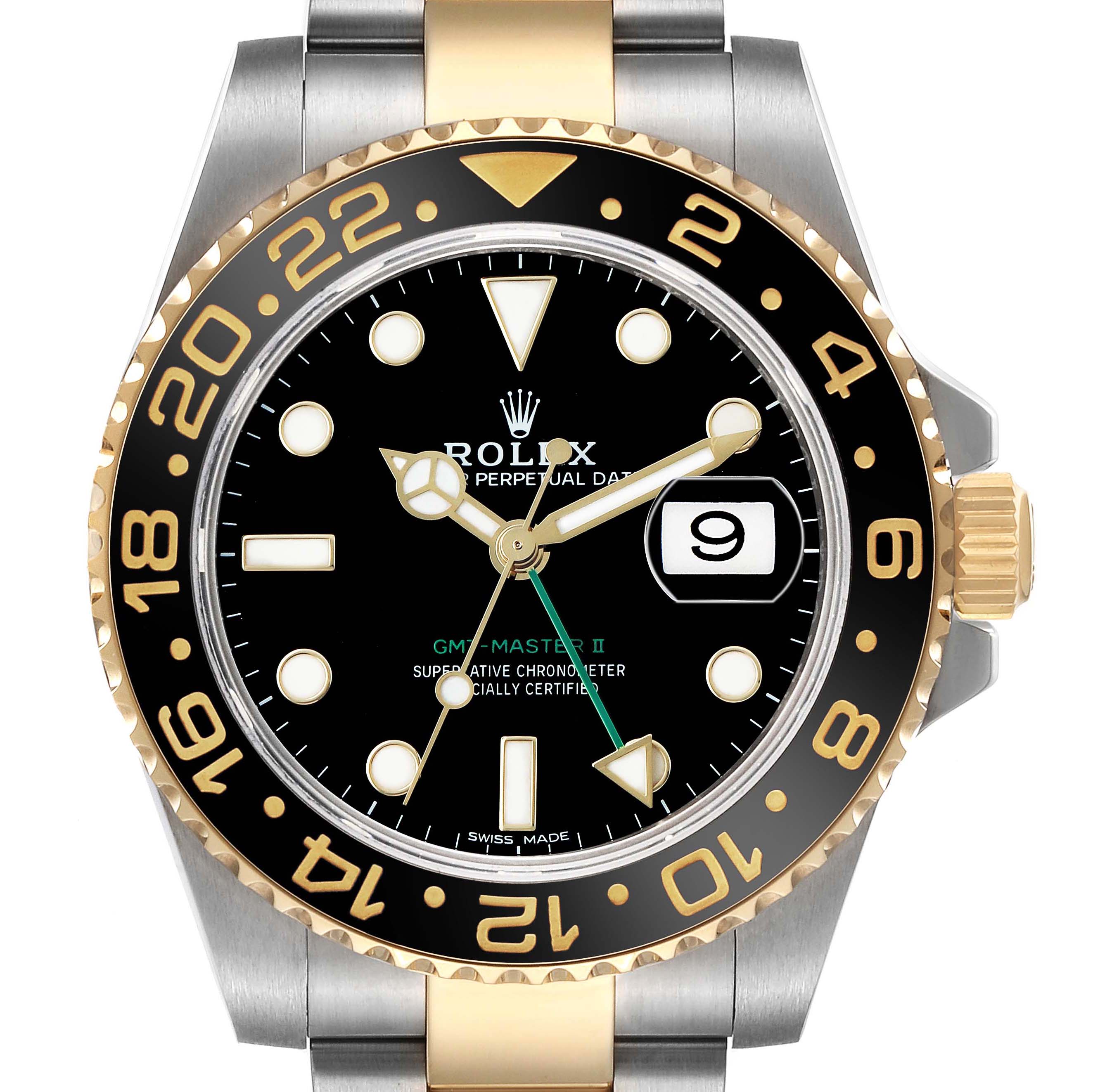 The Rolex GMT-Master 116713 Men's Steel and Gold (two tone) Black Dial model is shown from the front, displaying the bezel, dial, and part of the bracelet.