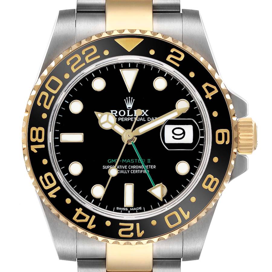 The Rolex GMT-Master 116713 Men's Steel and Gold (two tone) Black Dial model is shown from the front, displaying the bezel, dial, and part of the bracelet.