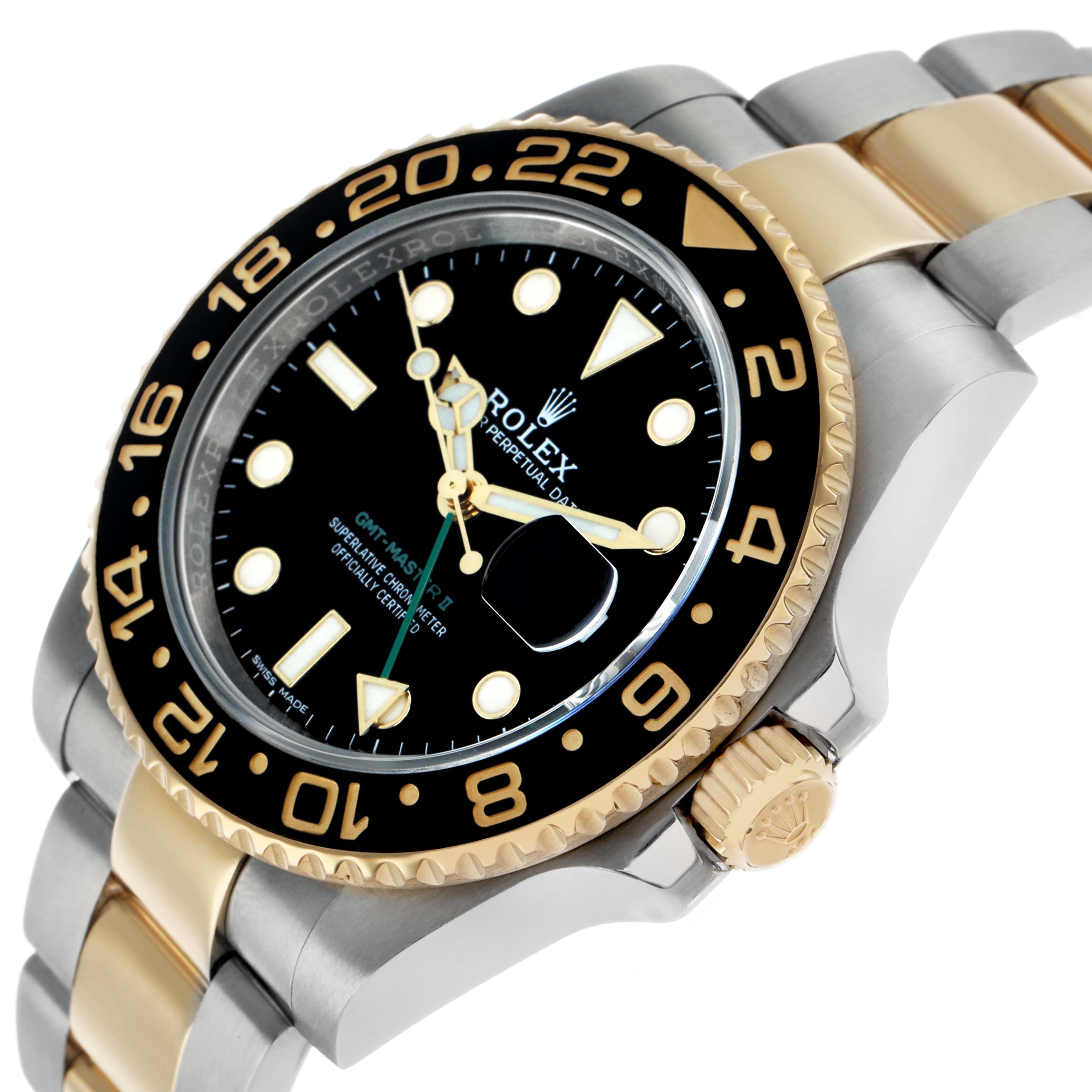 The Rolex GMT-Master 116713 Men's Steel and Gold (two tone) Black Dial watch is shown at an angled side view, highlighting the bezel, dial, crown, and part of the bracelet.
