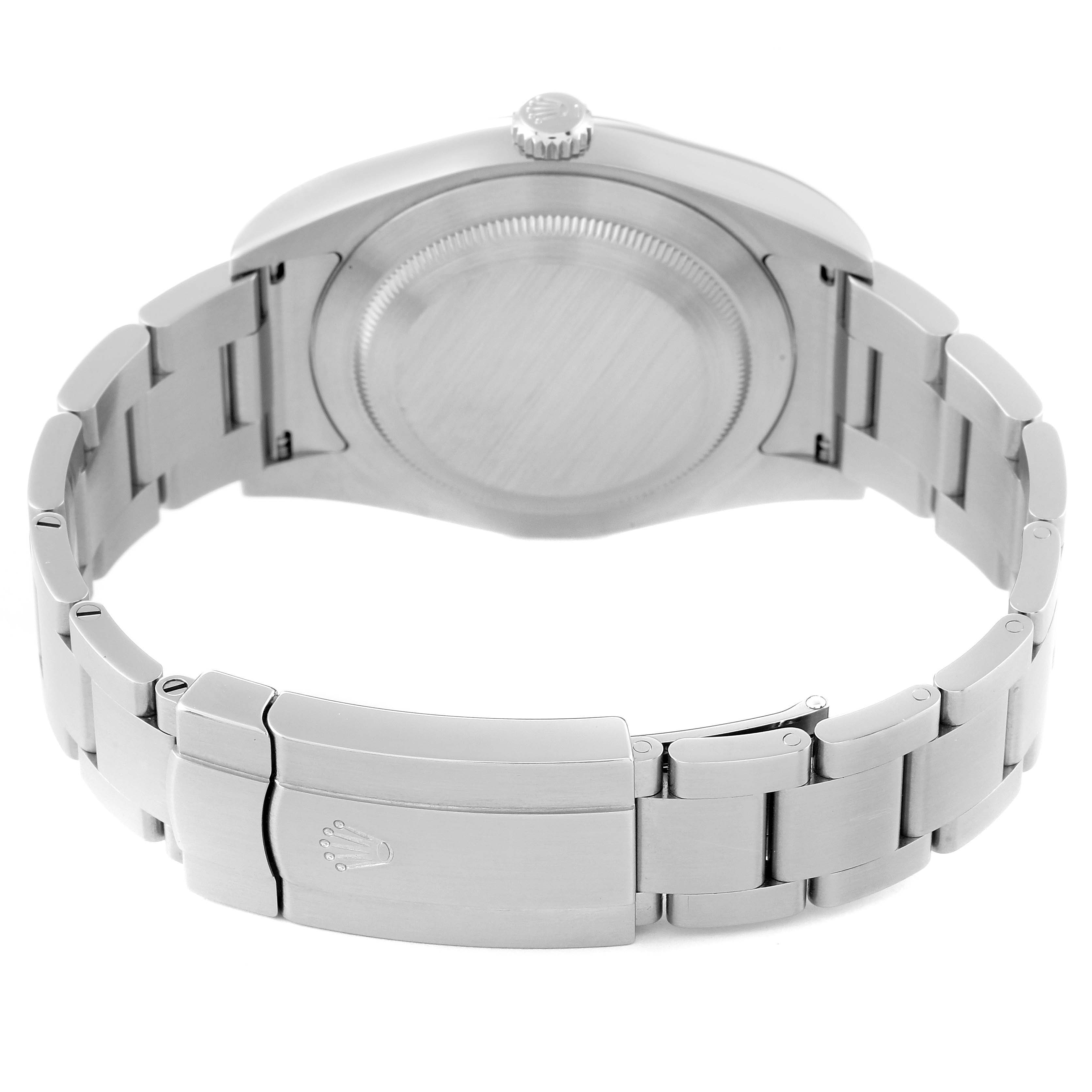 The image shows the back view of the Rolex Oyster Perpetual 114300 Men's Stainless Steel Grey Dial 114300 Men's Stainless Steel Grey Dial watch, focusing on the case back and metal bracelet with clasp.