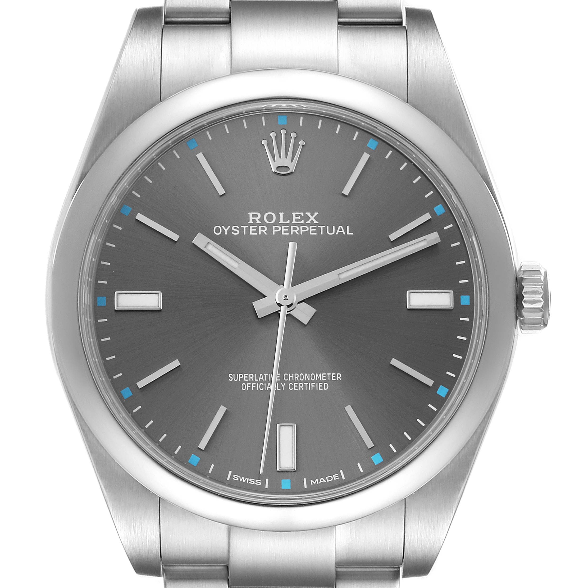 This image shows a front view of the Rolex Oyster Perpetual 114300 Men's Stainless Steel Grey Dial 114300 Men's Stainless Steel Grey Dial watch, highlighting its dial, hour markers, and bracelet.