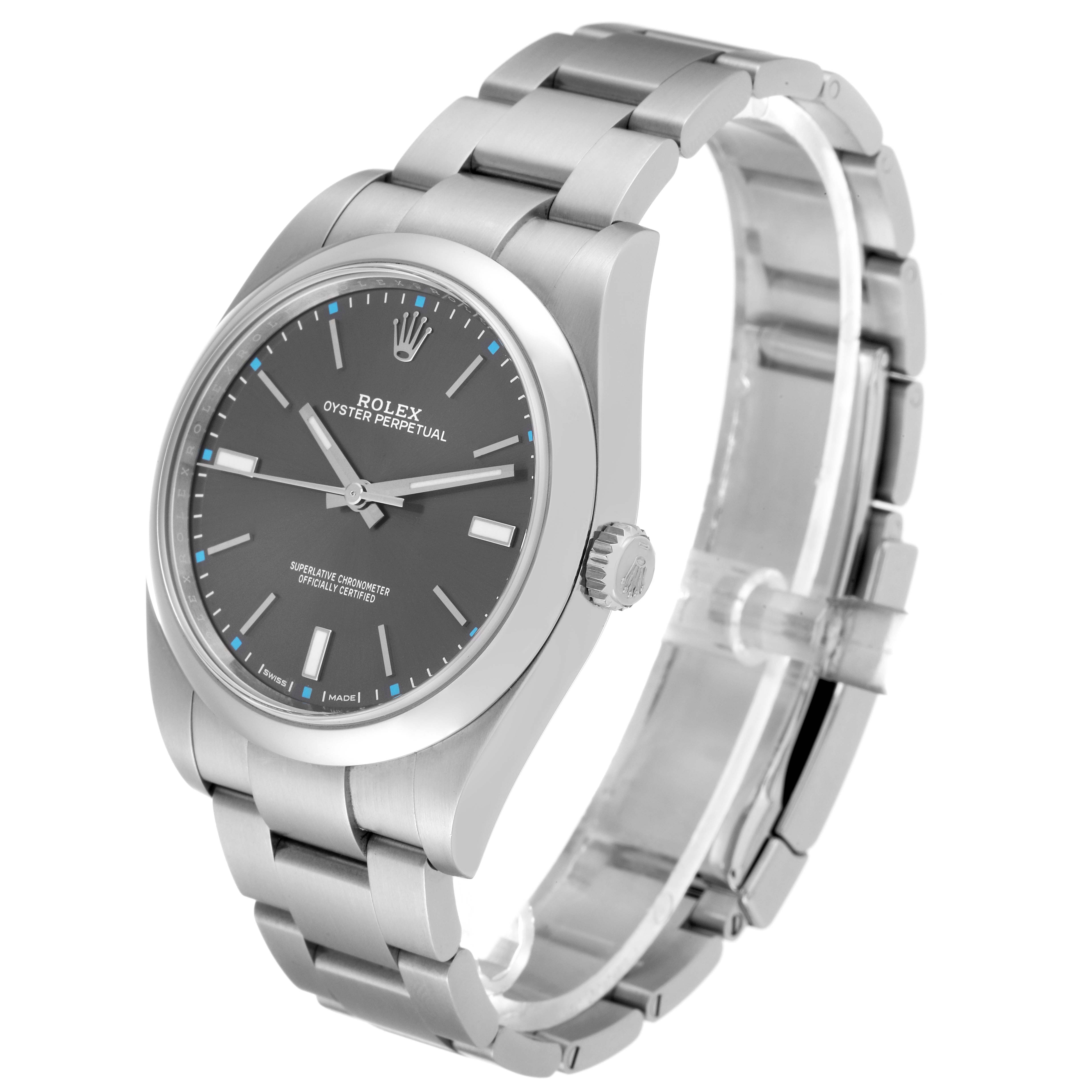 The Rolex Oyster Perpetual 114300 Men's Stainless Steel Grey Dial 114300 Men's Stainless Steel Grey Dial is shown at a three-quarter angle, highlighting its face, crown, and bracelet.