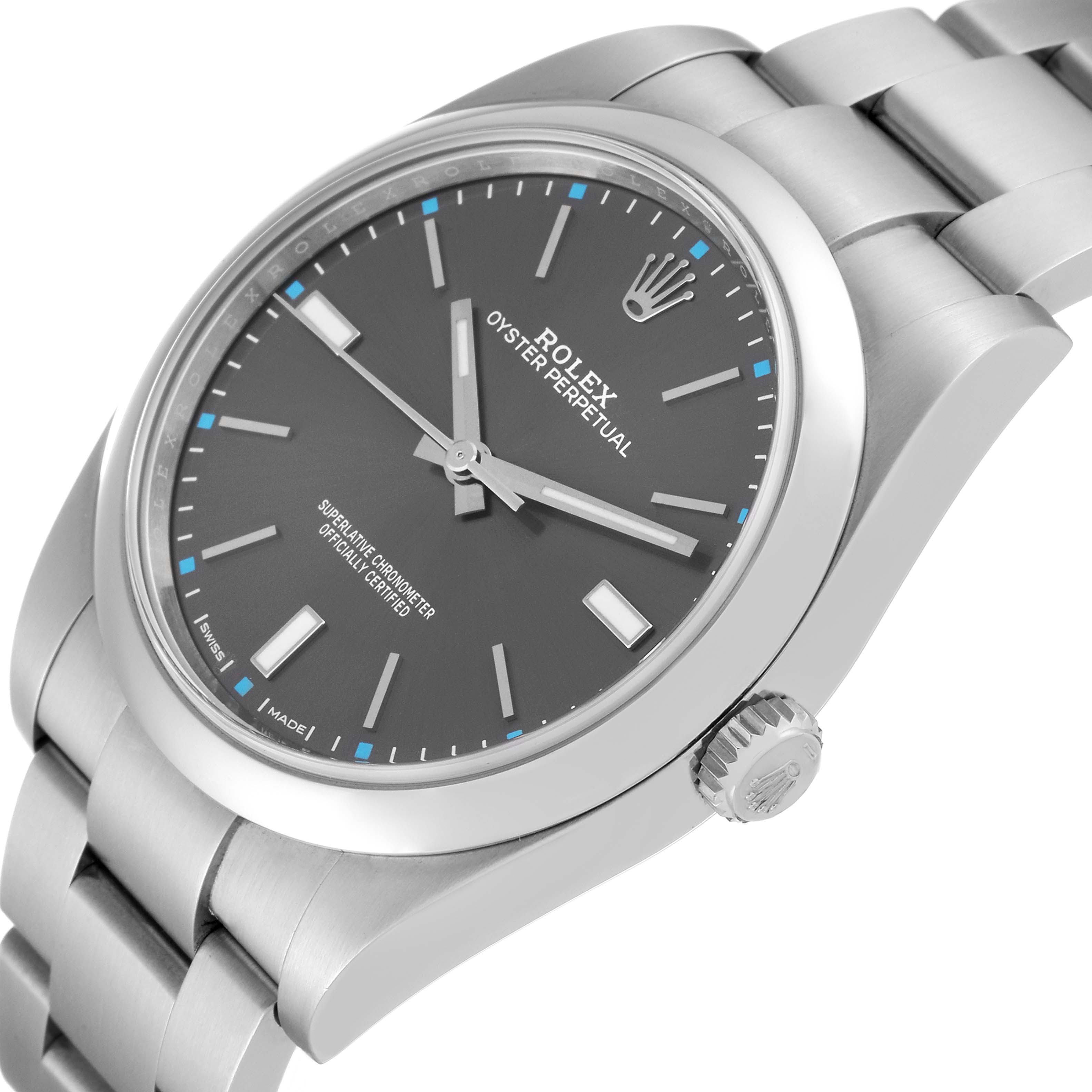 This image shows a Rolex Oyster Perpetual 114300 Men's Stainless Steel Grey Dial 114300 Men's Stainless Steel Grey Dial watch at a slight angle, highlighting its dial, crown, and bracelet.