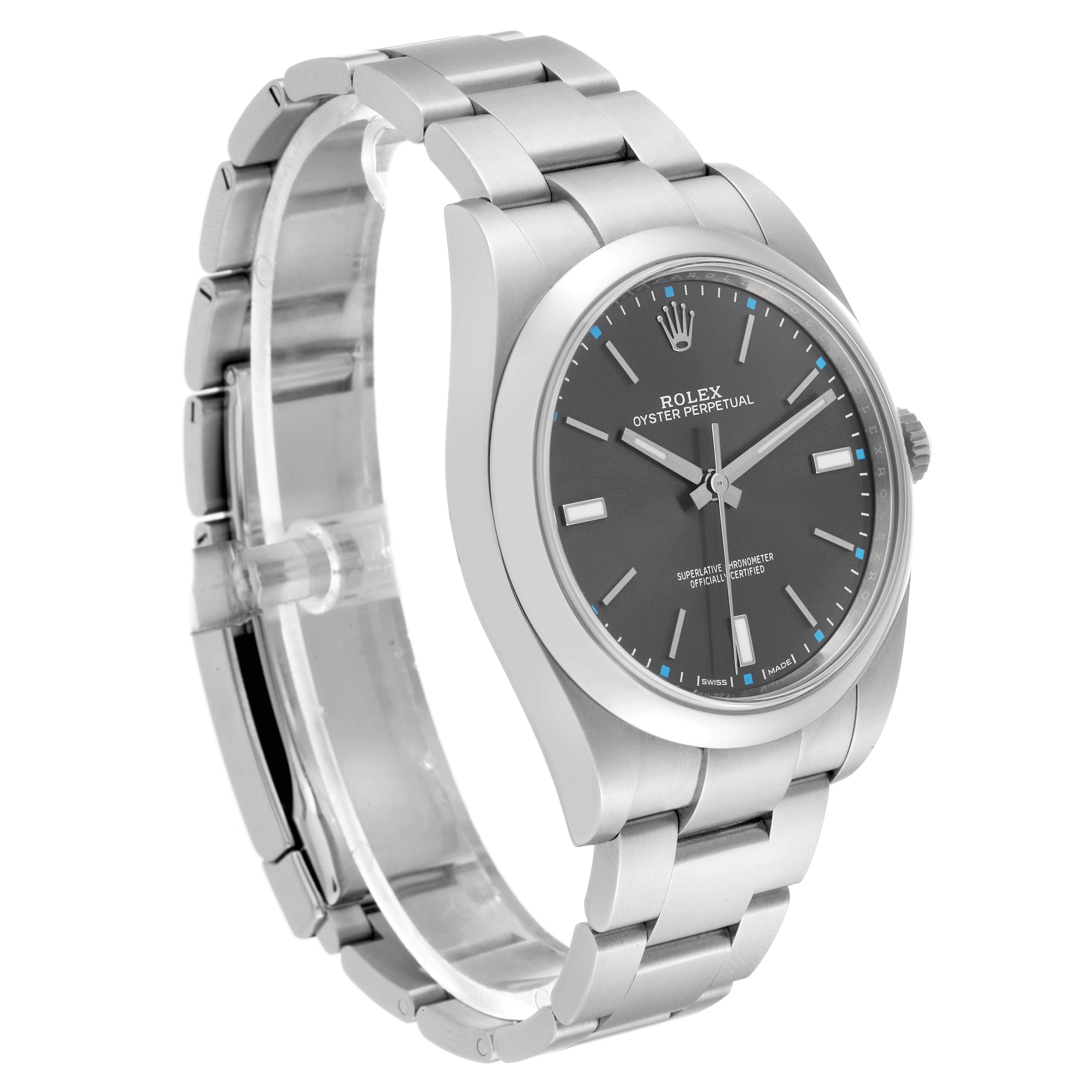 The image shows a side view of a Rolex Oyster Perpetual 114300 Men's Stainless Steel Grey Dial 114300 Men's Stainless Steel Grey Dial with a stainless steel bracelet and black dial.