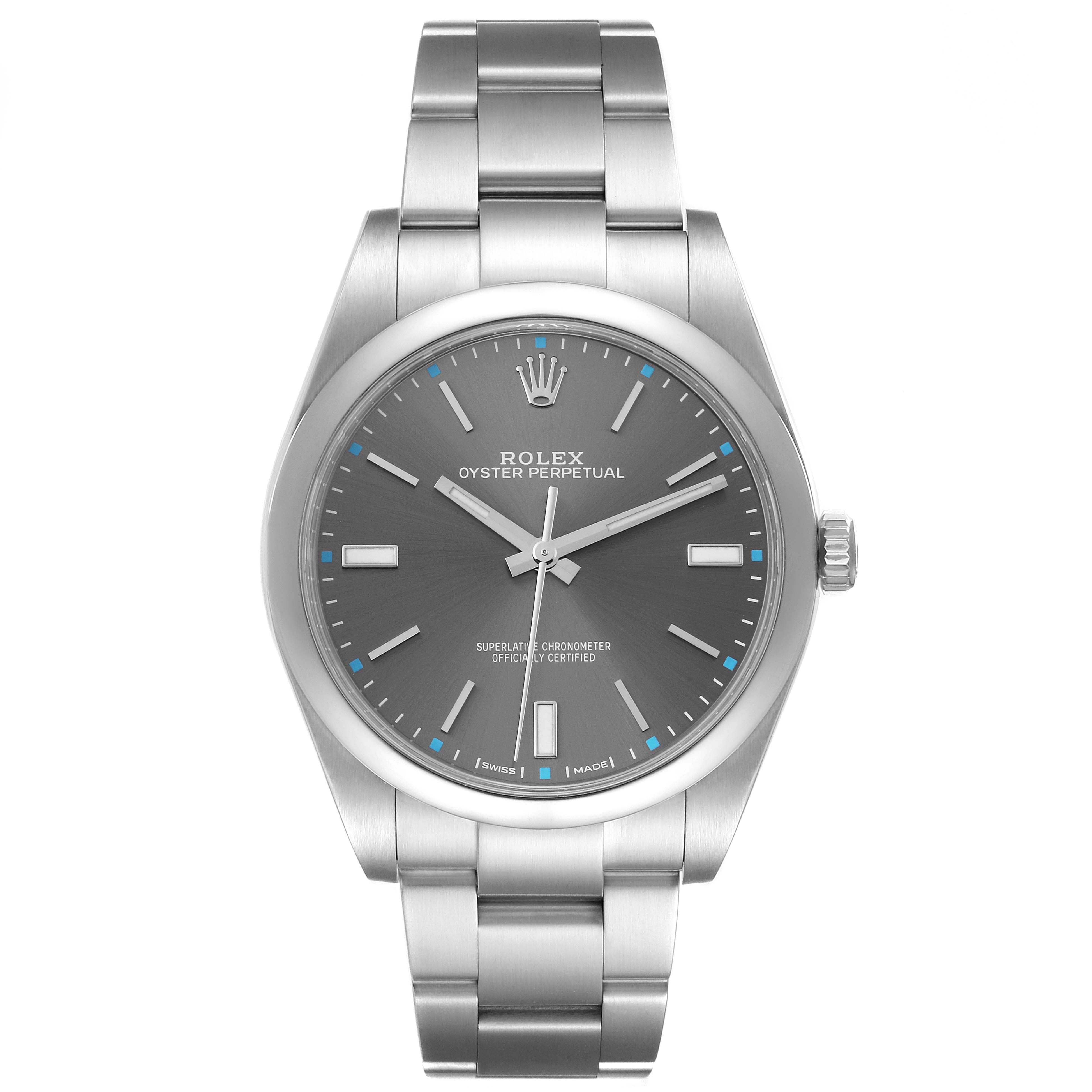 The image shows a front view of a Rolex Oyster Perpetual 114300 Men's Stainless Steel Grey Dial 114300 Men's Stainless Steel Grey Dial watch, displaying the face, hands, bracelet, and crown.