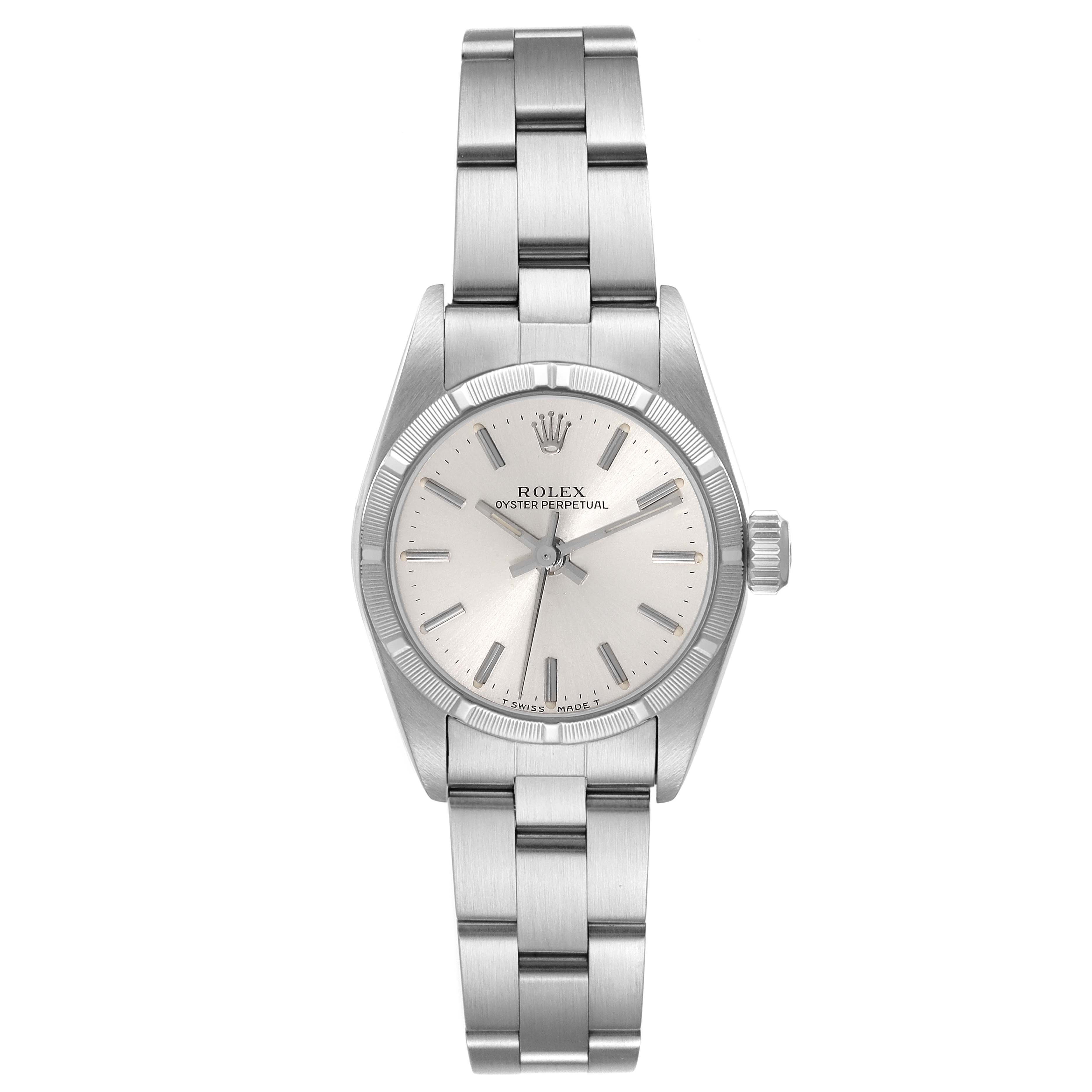 This image shows a front view of a Rolex Oyster Perpetual 67230 Women's Stainless Steel Silver Dial 67230 Women's Stainless Steel Silver Dial, displaying the dial, bezel, case, and bracelet.