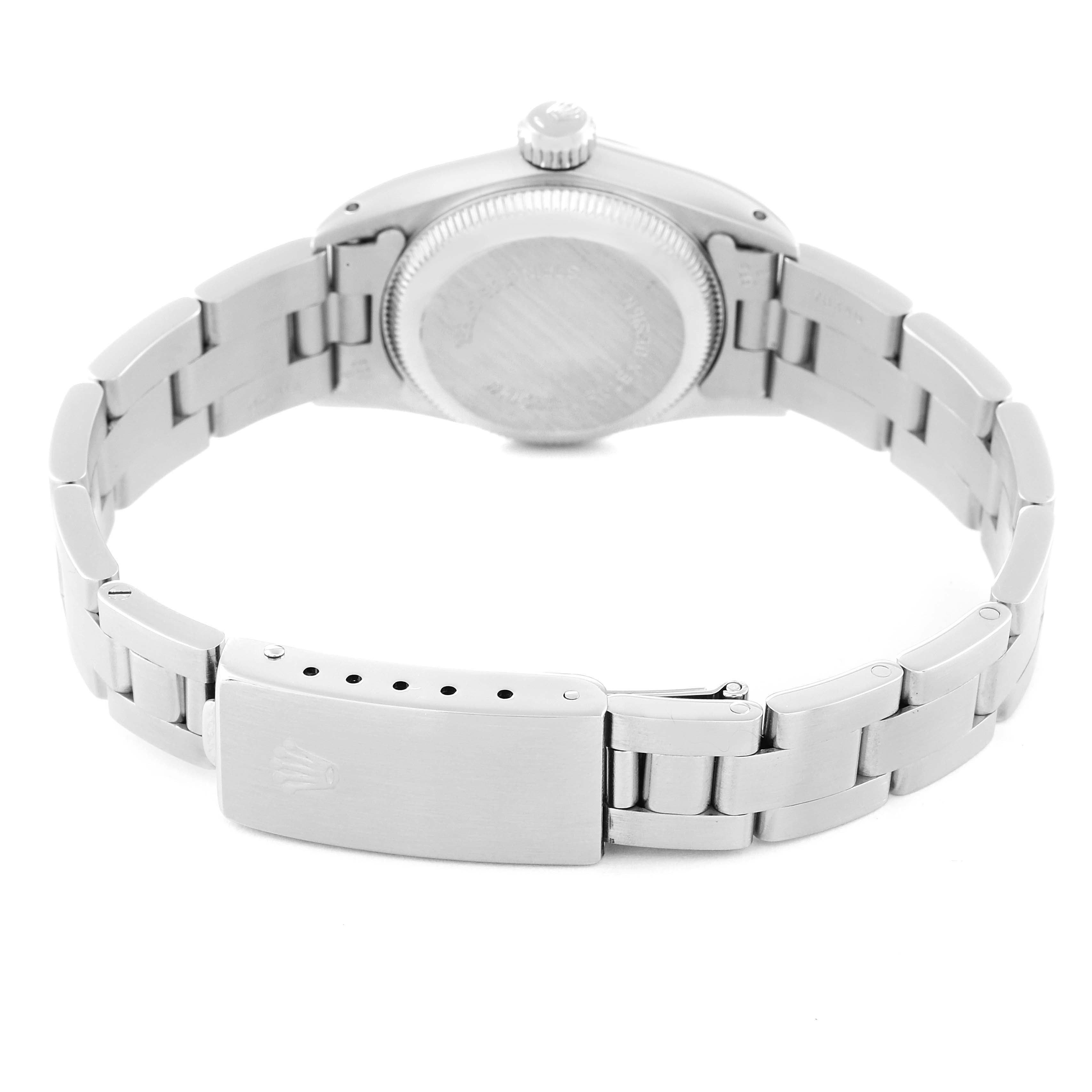 This image shows the back and clasp of a Rolex Oyster Perpetual 67230 Women's Stainless Steel Silver Dial 67230 Women's Stainless Steel Silver Dial watch, highlighting the bracelet and case.