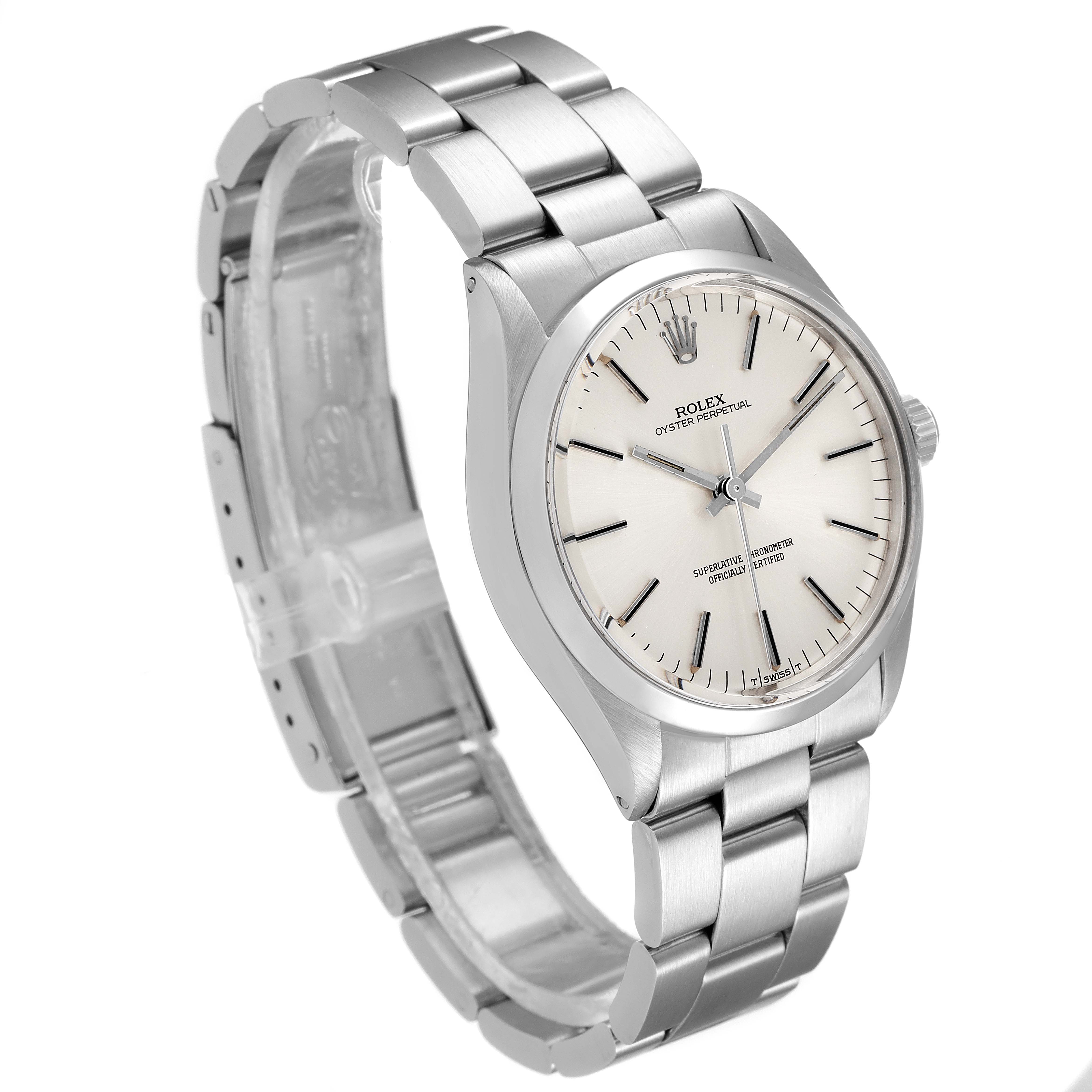 The Rolex Vintage Collection 1002 Men's Stainless Steel Silver Dial 1002 Men's Stainless Steel Silver Dial watch is shown at a 3/4 angle, highlighting the face, bezel, and the metal bracelet.