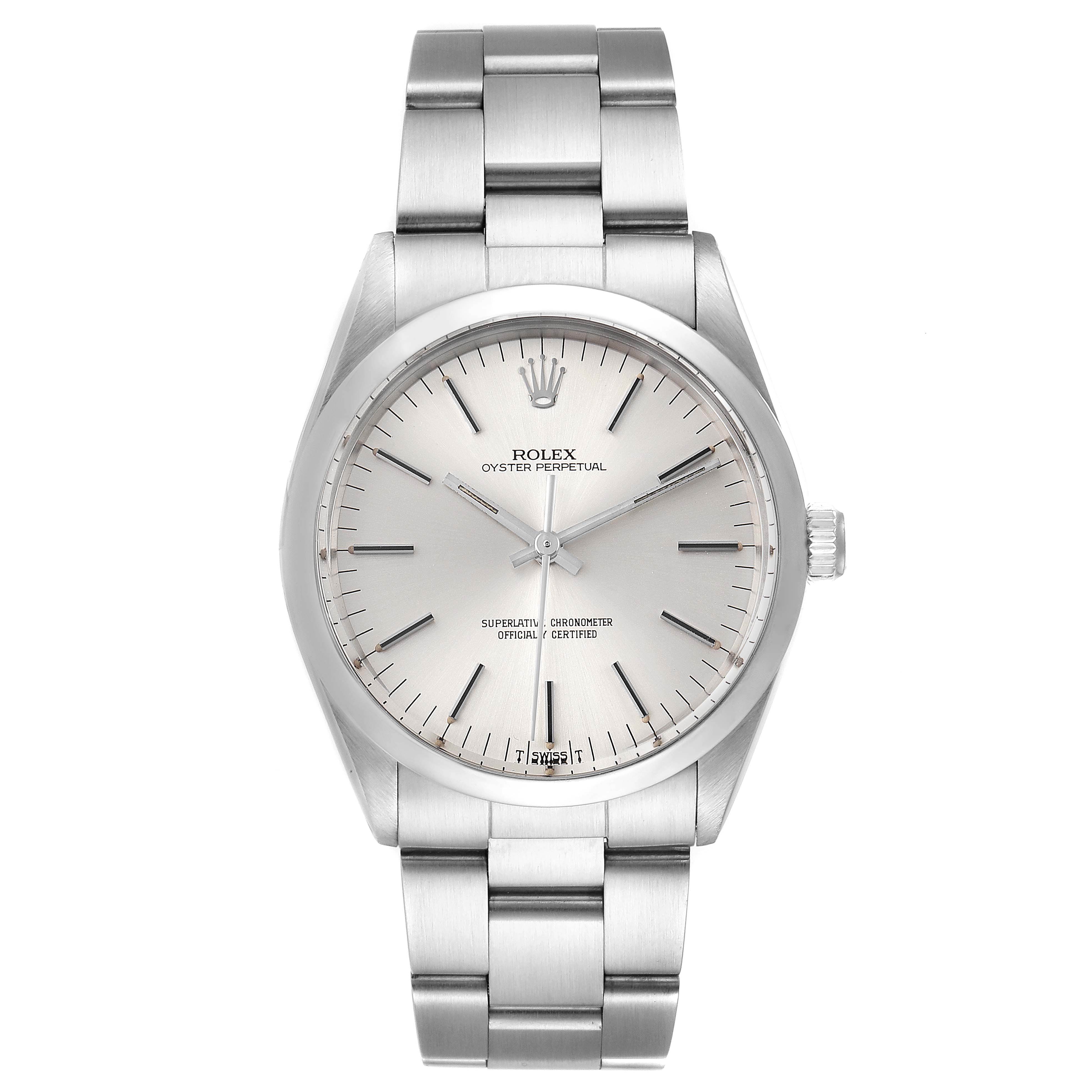 The image shows a front view of a Rolex Oyster Perpetual Vintage Collection model, featuring the dial, hands, and bracelet.
