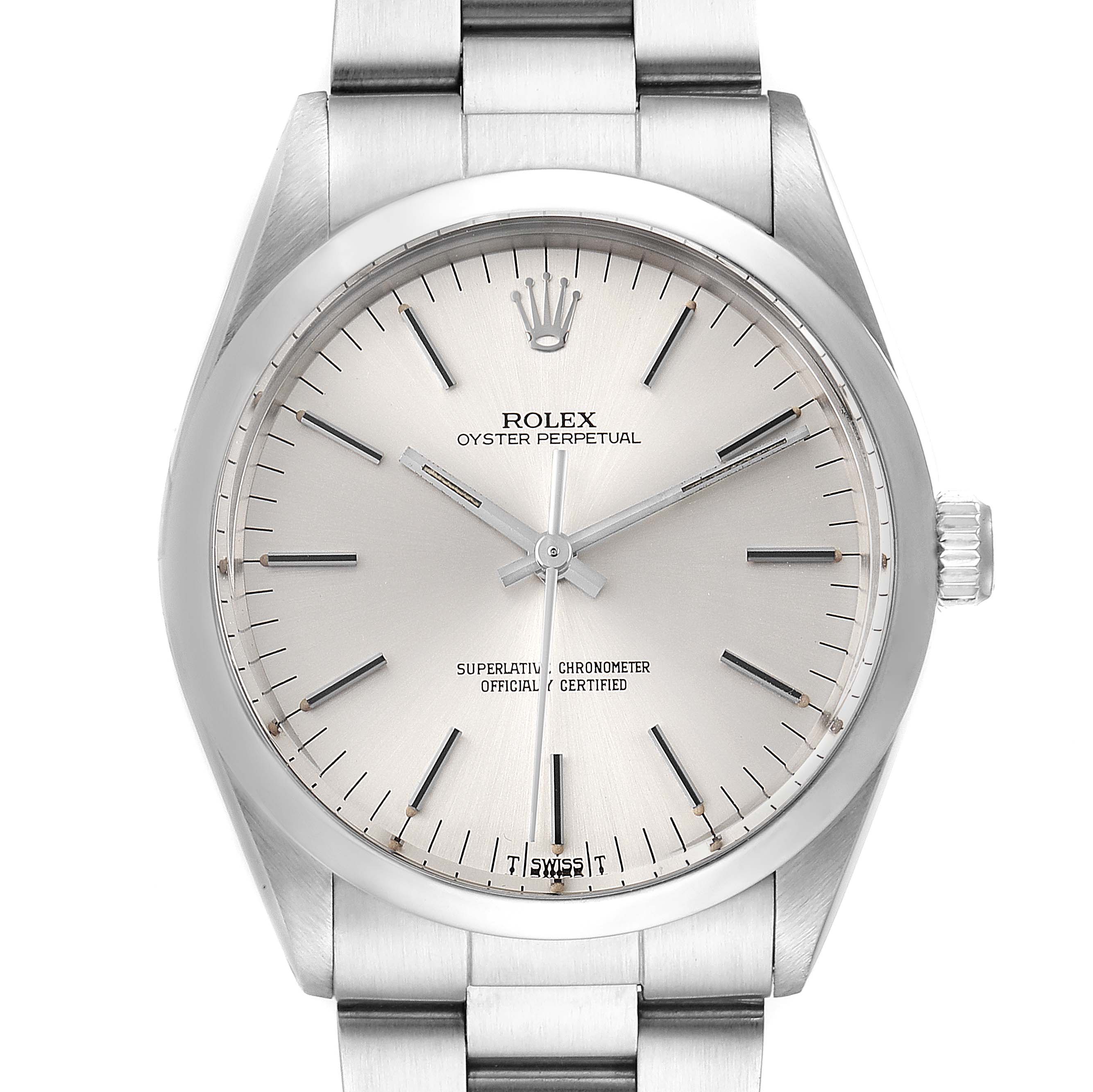 The image shows a front view of the Rolex Vintage Collection 1002 Men's Stainless Steel Silver Dial 1002 Men's Stainless Steel Silver Dial Oyster Perpetual watch, highlighting the dial, case, crown, and part of the bracelet.