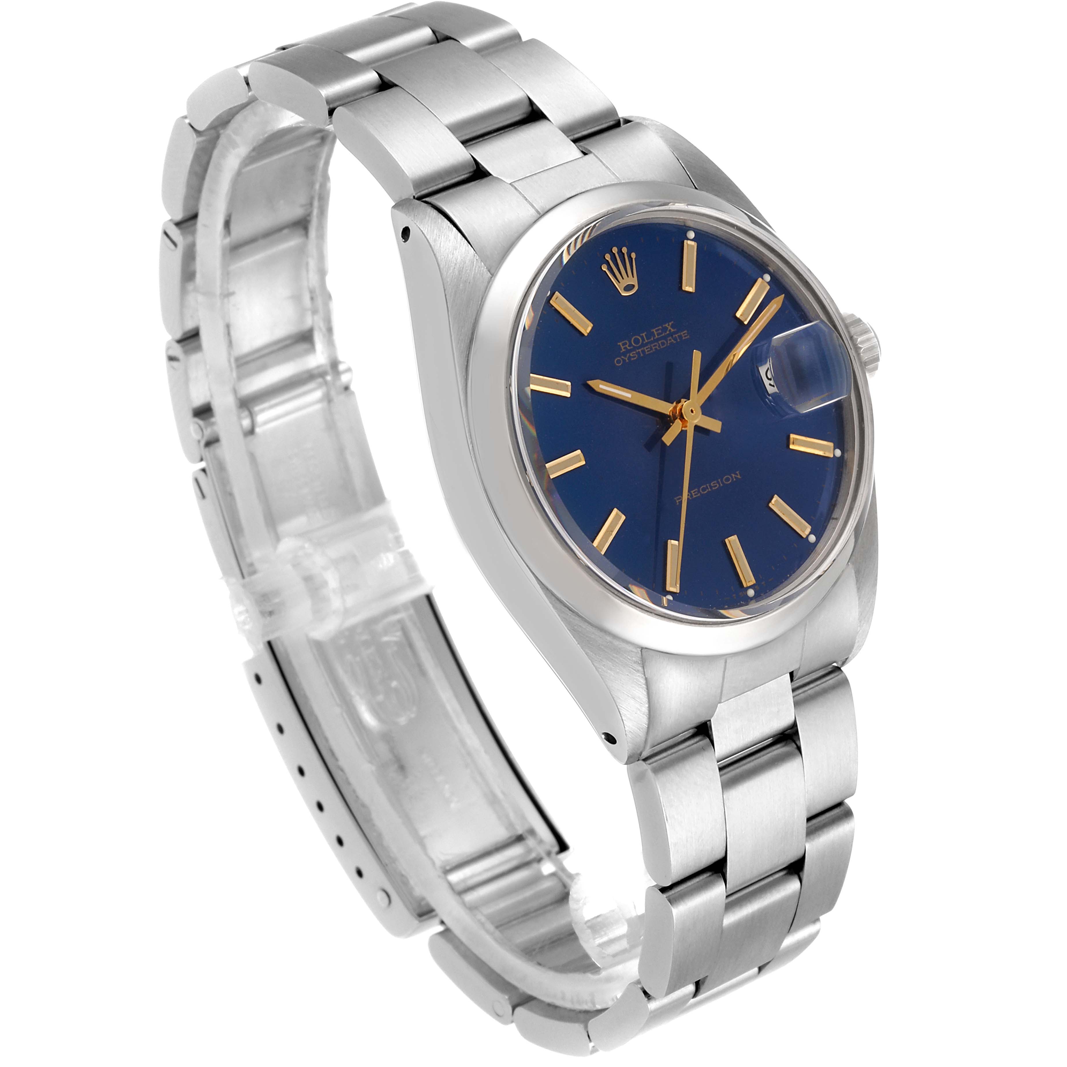 The Rolex Vintage Collection 6694 Men's Stainless Steel Blue Dial 6694 Men's Stainless Steel Blue Dial model is shown at an angle highlighting its blue dial, silver case, and stainless-steel bracelet.