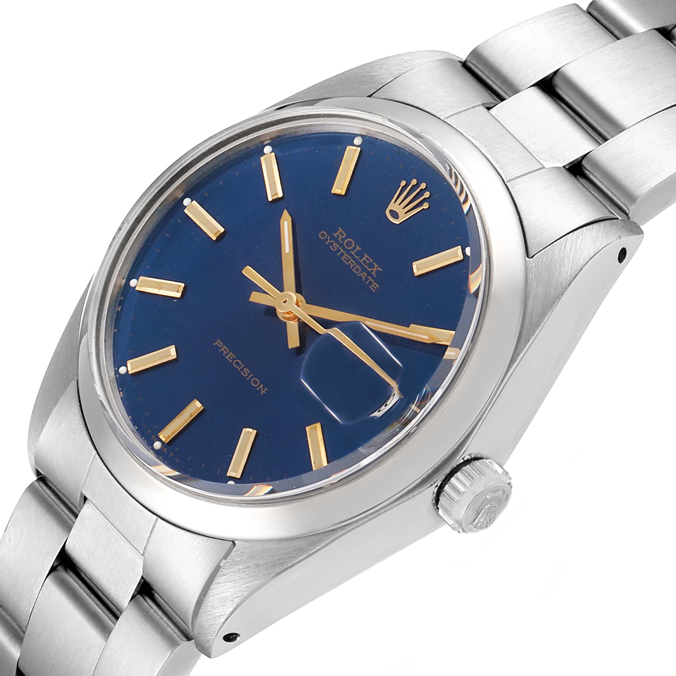 This image displays a side angle of the Rolex Vintage Collection 6694 Men's Stainless Steel Blue Dial 6694 Men's Stainless Steel Blue Dial watch featuring its blue face, gold markers, and metallic bracelet.