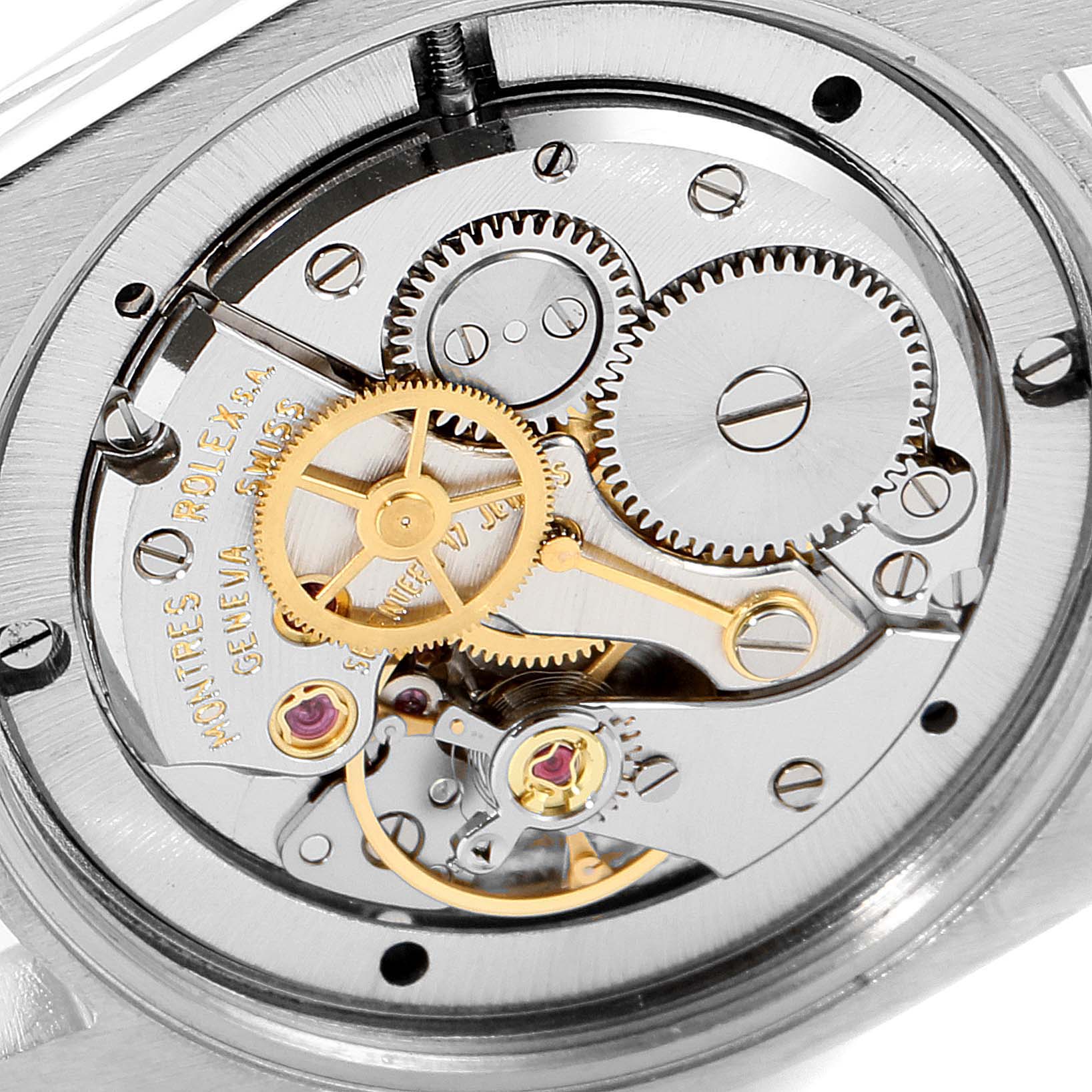 This image shows the internal mechanical components of a Rolex Vintage Collection 6694 Men's Stainless Steel Blue Dial 6694 Men's Stainless Steel Blue Dial watch, viewed from the back.