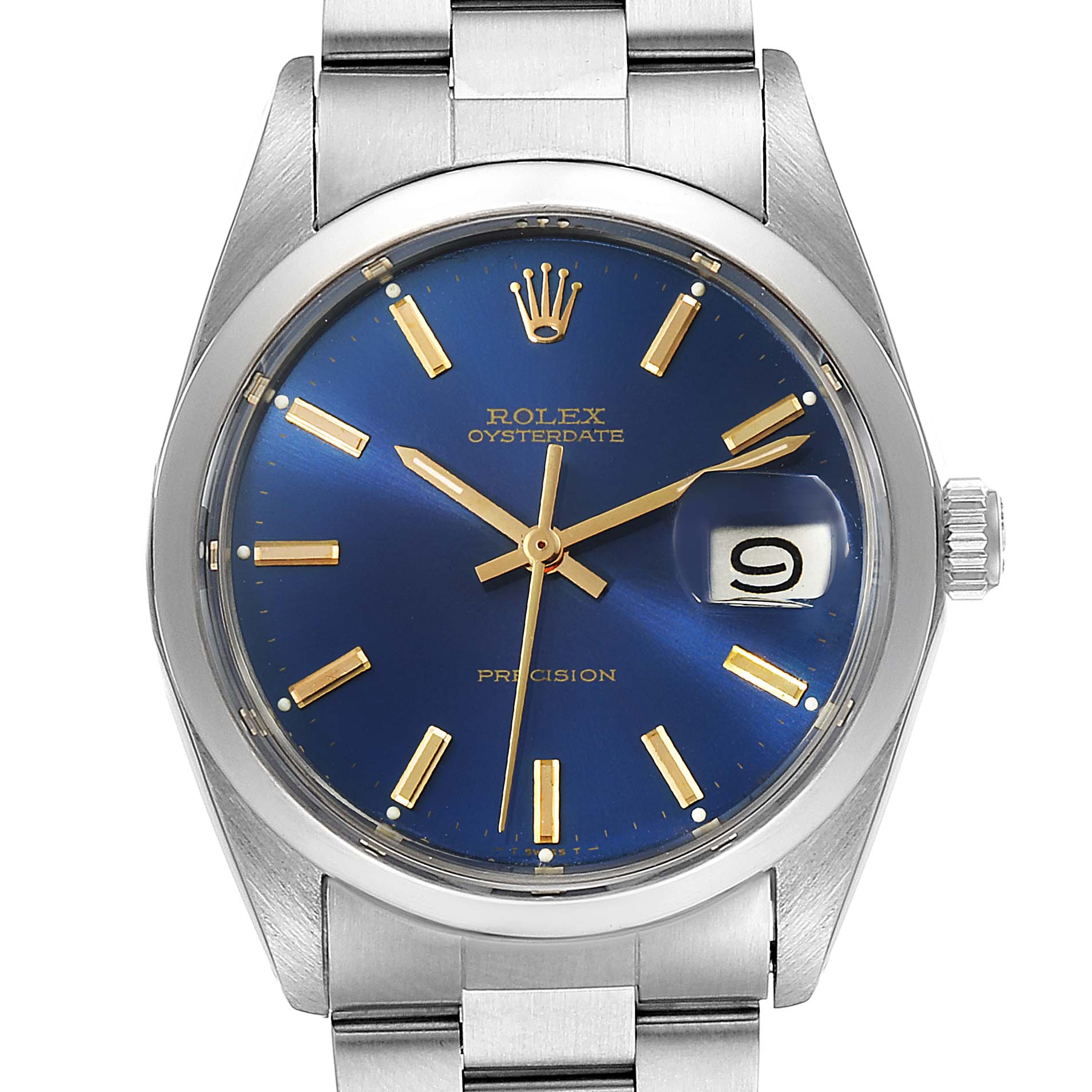 The image shows a front view of the Vintage Collection model by Rolex, highlighting its blue dial, date window, and stainless steel case and band.