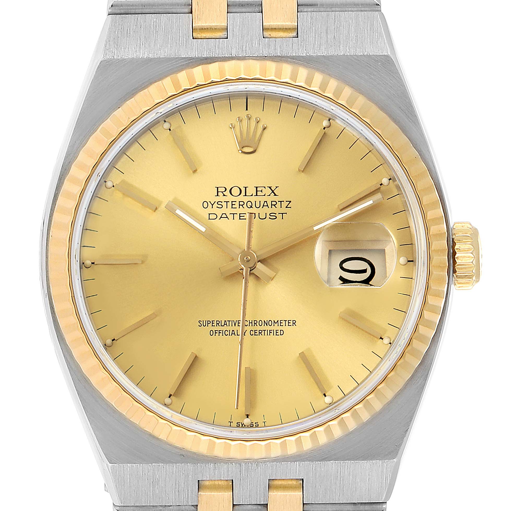 The image shows a front view of a Rolex Oysterquartz 17013 Men's Steel and Gold (two tone) Champagne Dial 17013 Men's Steel and Gold (two tone) Champagne Dial Datejust watch, highlighting its dial, crown, and part of the bracelet.