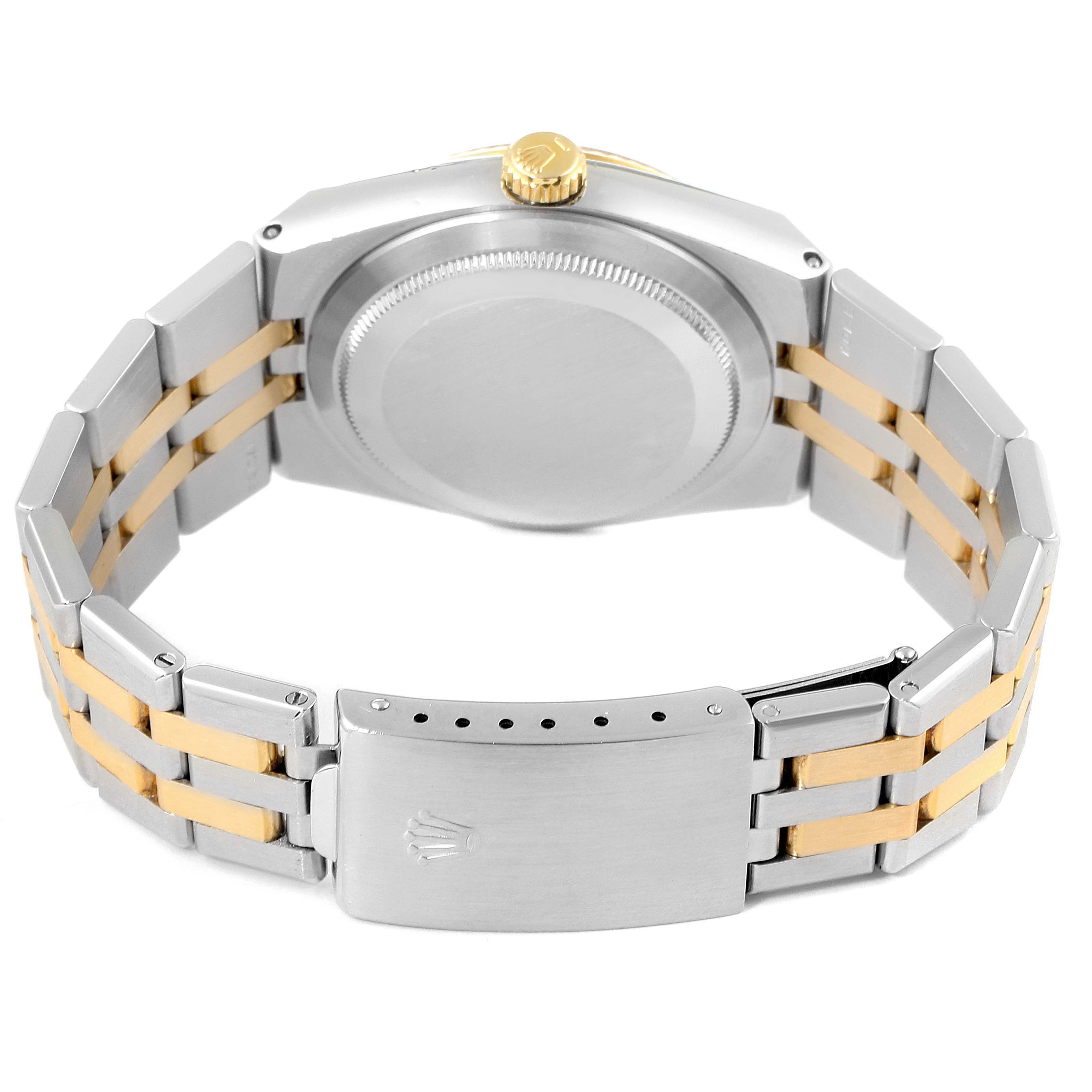 The image shows the back view of the Rolex Oysterquartz 17013 Men's Steel and Gold (two tone) Champagne Dial 17013 Men's Steel and Gold (two tone) Champagne Dial watch, highlighting the case back, crown, and bracelet with a clasp.