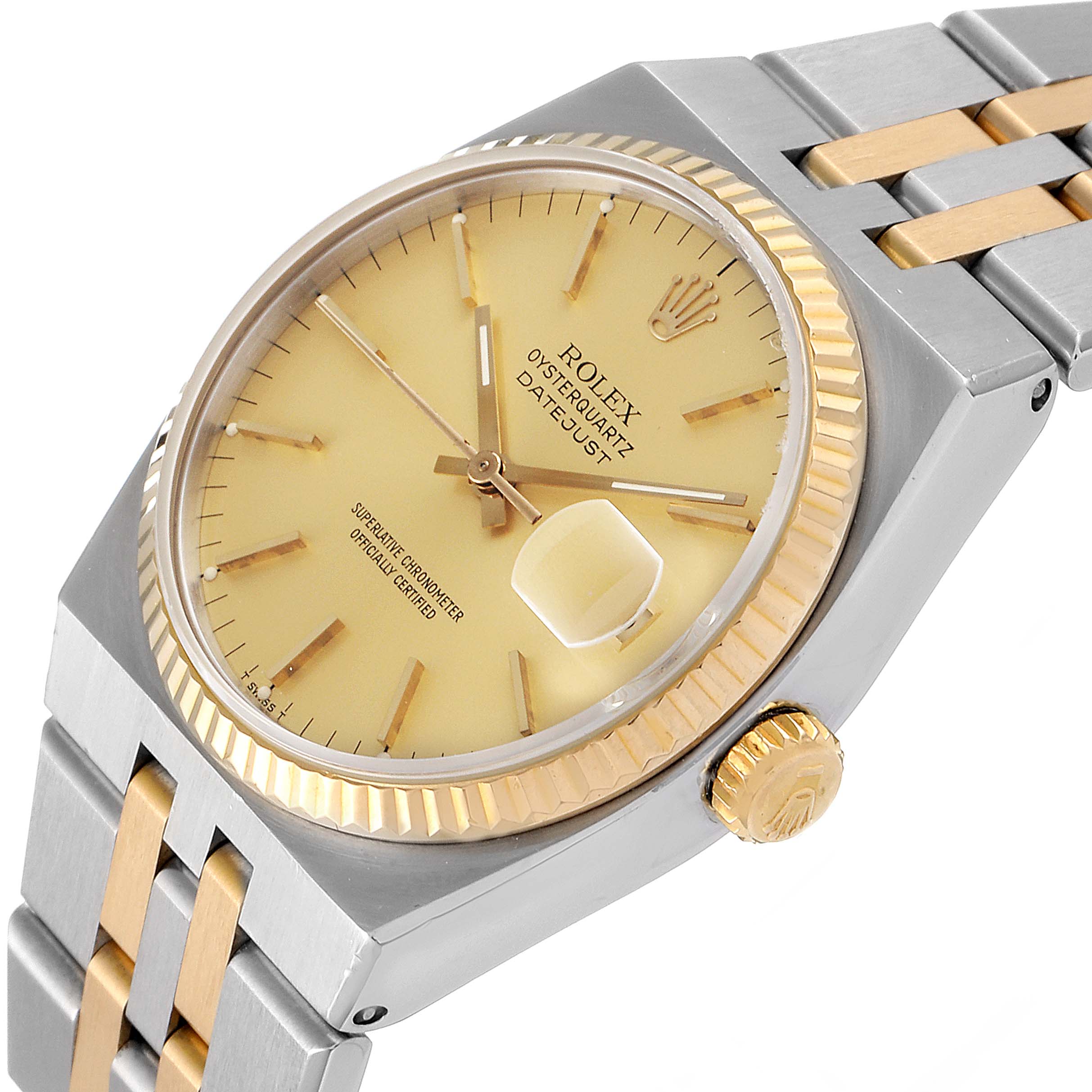 The image shows a close-up, angled view of a Rolex Oysterquartz 17013 Men's Steel and Gold (two tone) Champagne Dial 17013 Men's Steel and Gold (two tone) Champagne Dial Datejust watch, highlighting its dial, crown, and bracelet.