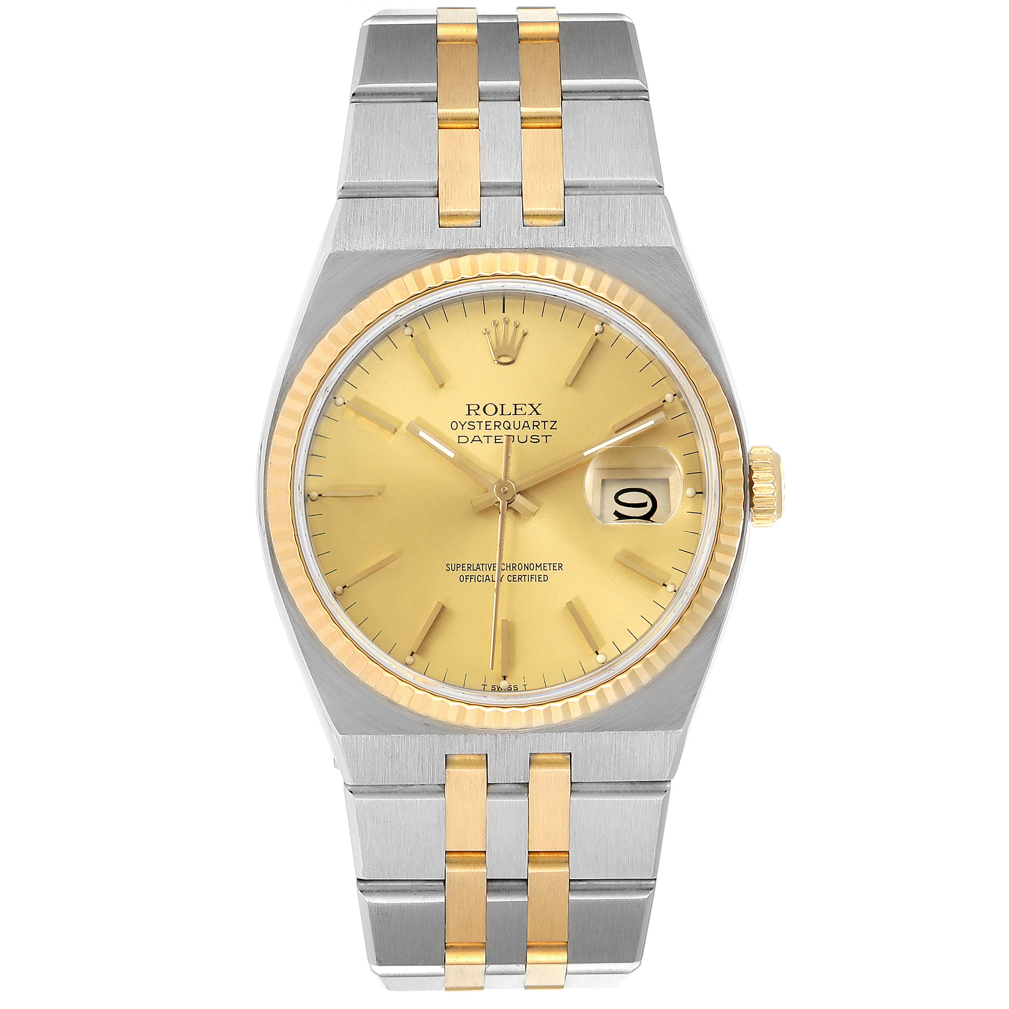 The image shows a Rolex Oysterquartz 17013 Men's Steel and Gold (two tone) Champagne Dial 17013 Men's Steel and Gold (two tone) Champagne Dial Datejust watch from a front angle, highlighting its gold and silver two-tone design.