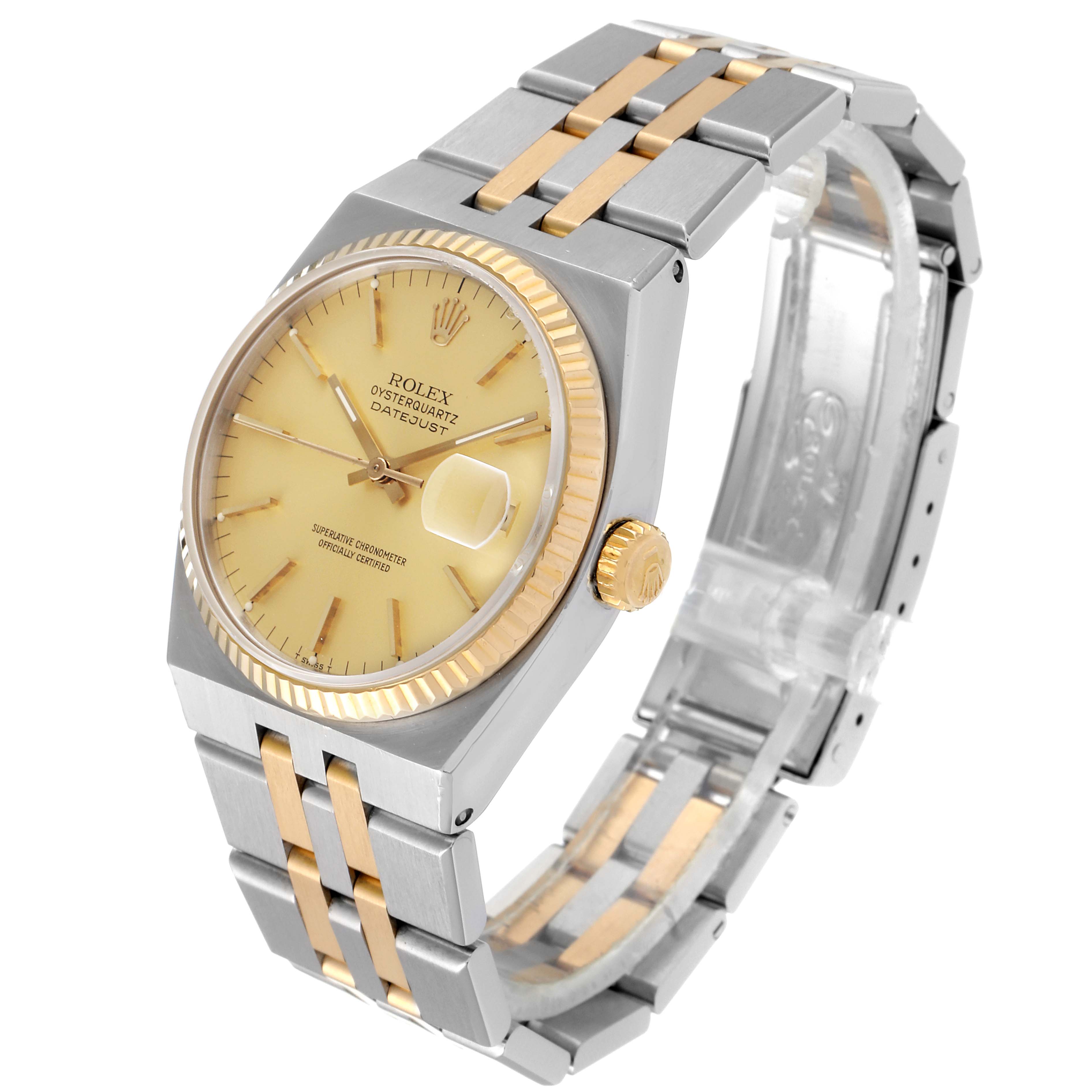The image shows a Rolex Oysterquartz 17013 Men's Steel and Gold (two tone) Champagne Dial 17013 Men's Steel and Gold (two tone) Champagne Dial Datejust watch from a front-left angle, highlighting the face, bezel, and bracelet.