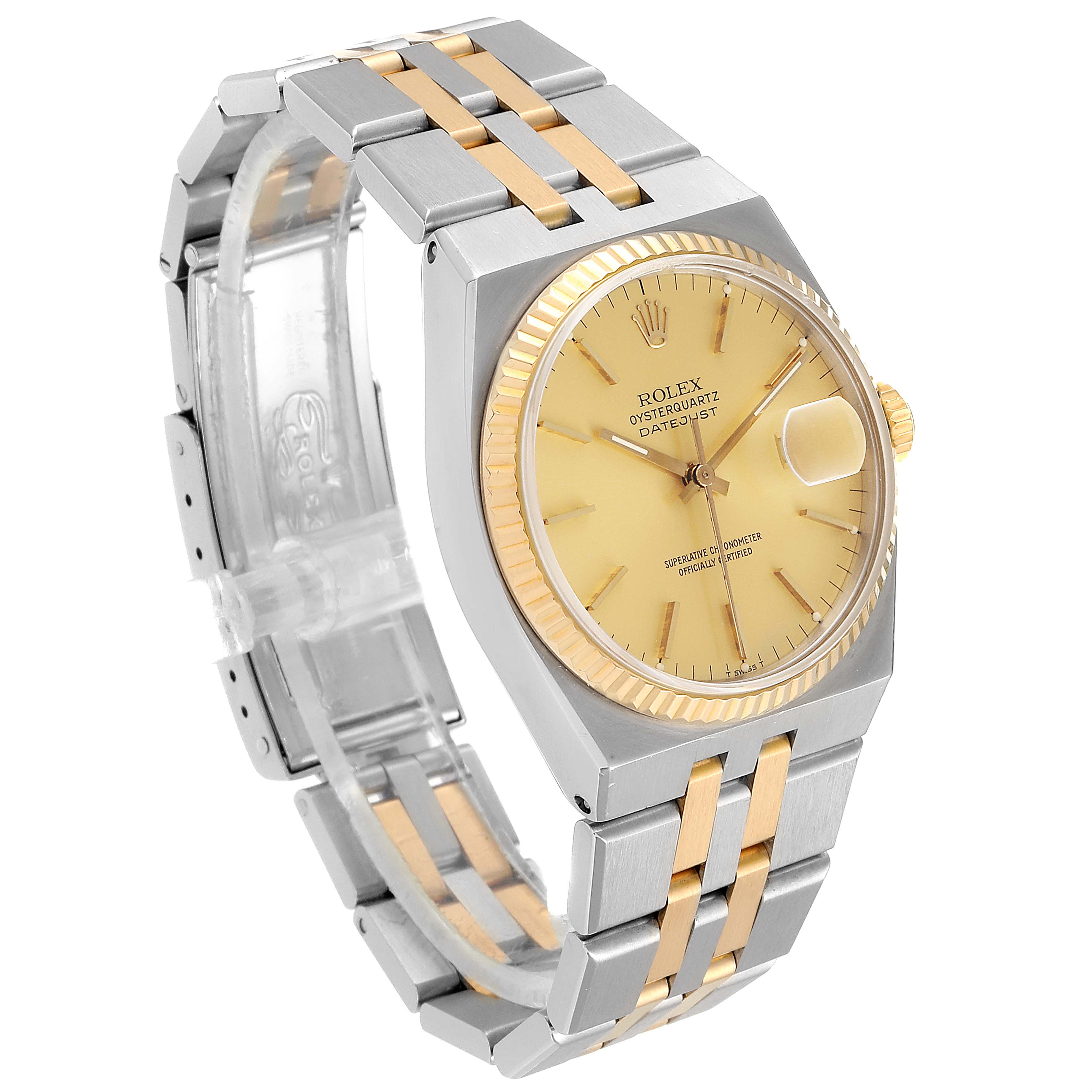 The image shows a Rolex Oysterquartz 17013 Men's Steel and Gold (two tone) Champagne Dial 17013 Men's Steel and Gold (two tone) Champagne Dial Datejust watch at a side angle, highlighting the face, bezel, and two-tone bracelet.