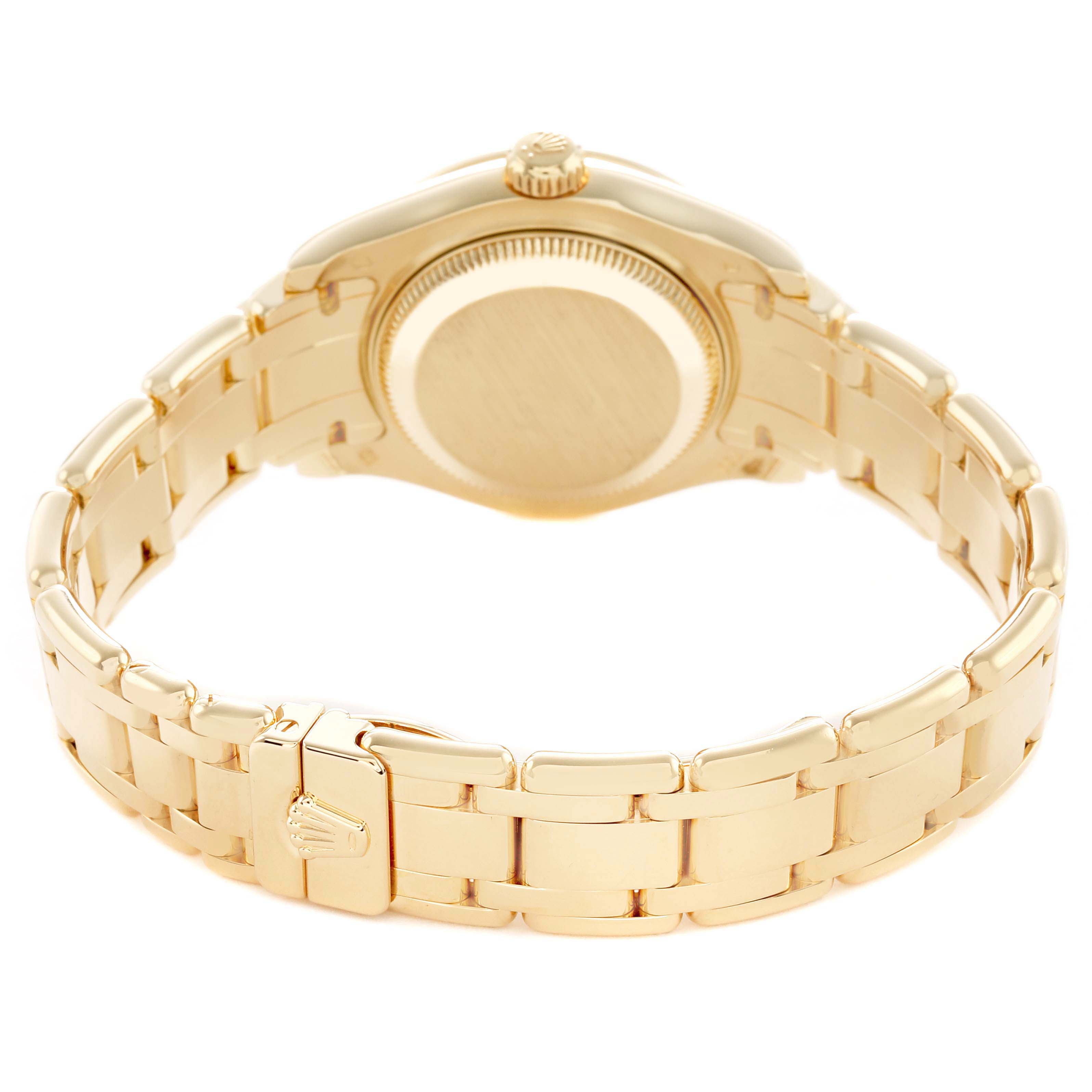 The image shows a Rolex Pearlmaster 80298 Women's Yellow Gold White Dial watch from the back, highlighting the bracelet and case back.