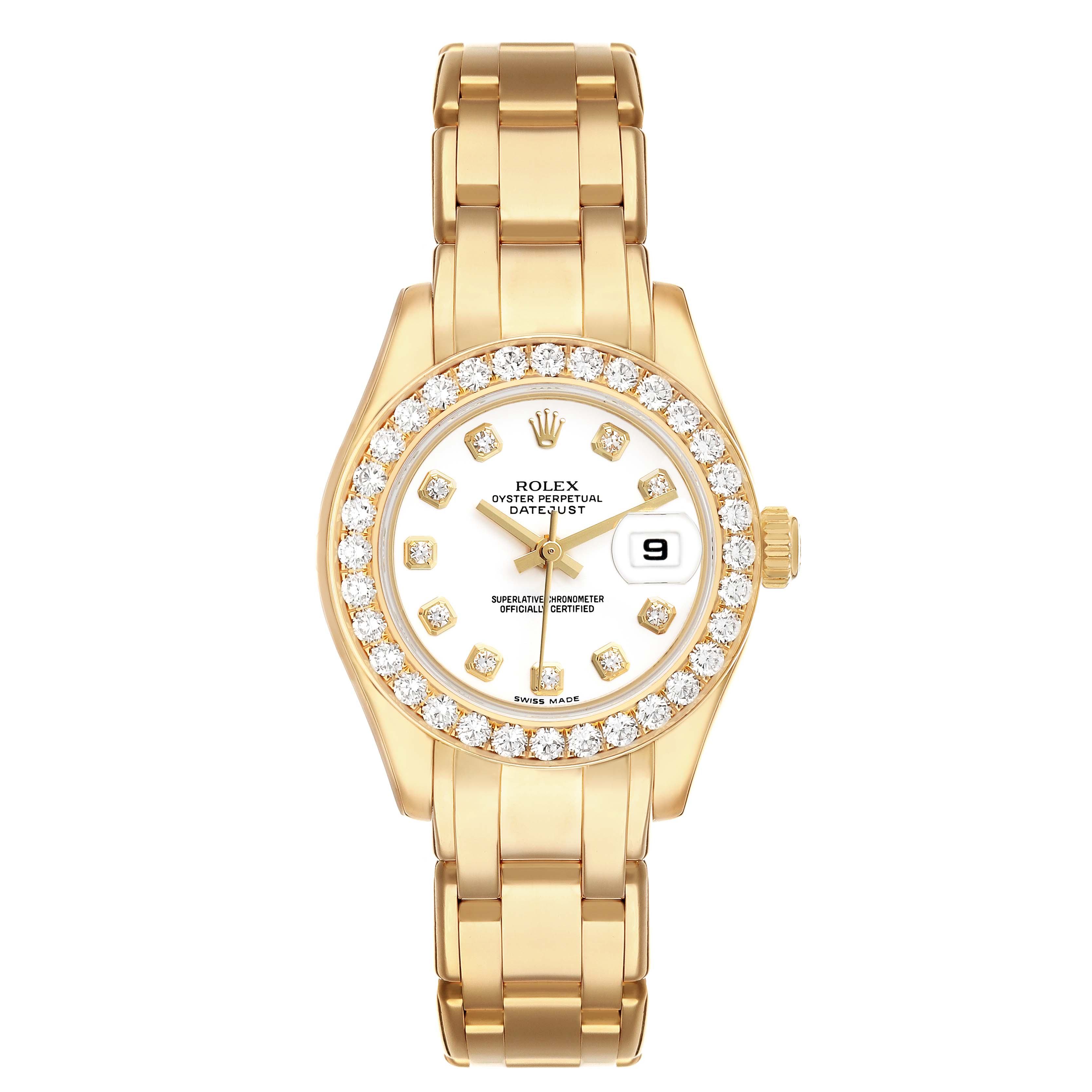 The Rolex Pearlmaster 80298 Women's Yellow Gold White Dial watch is shown from a top-down angle, highlighting its diamond-set bezel, gold bracelet, and dial face.