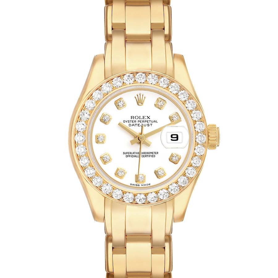 The Rolex Pearlmaster 80298 Women's Yellow Gold White Dial watch is shown from a top-down angle, displaying its gold bracelet, diamond bezel, and white dial with date.