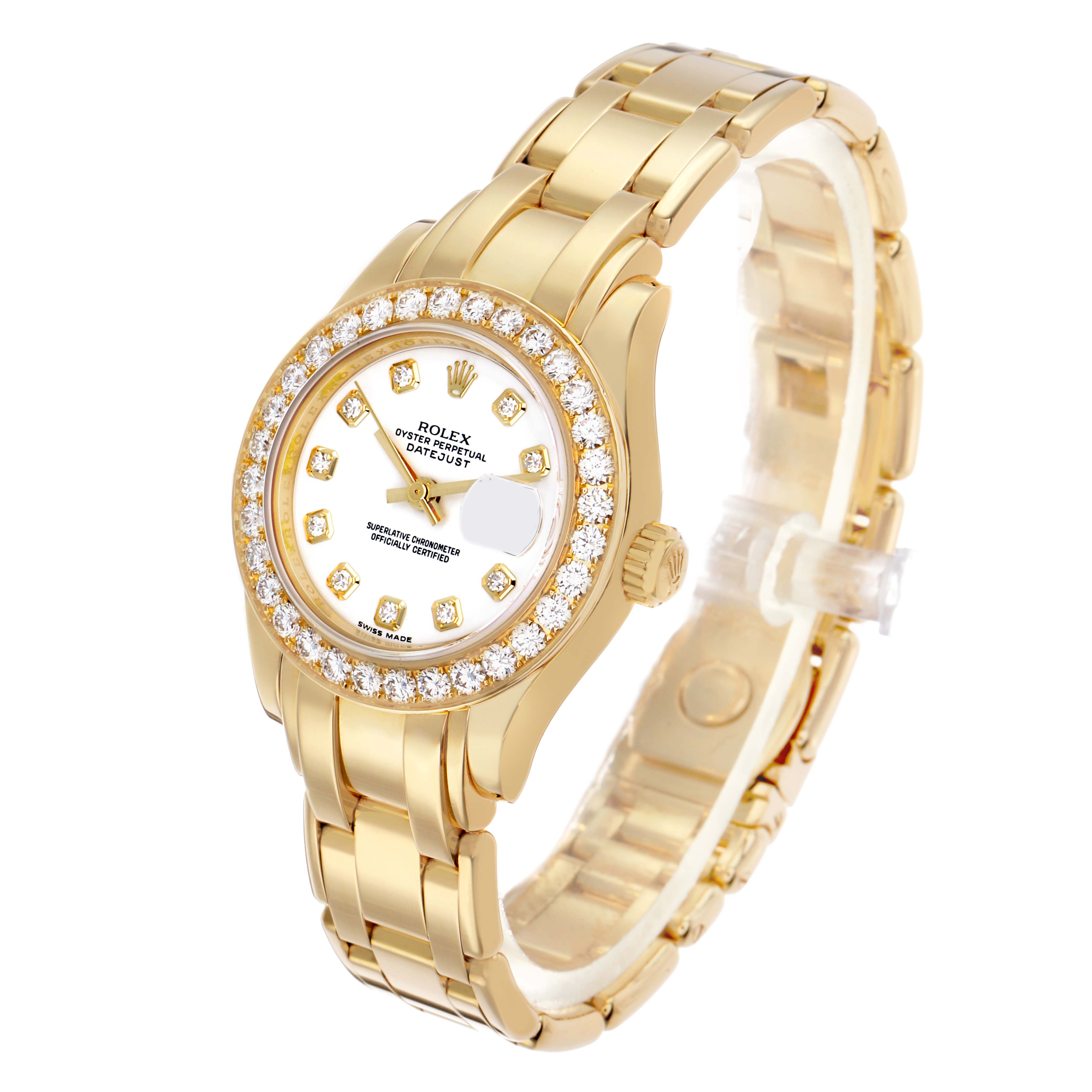 The Rolex Pearlmaster 80298 Women's Yellow Gold White Dial watch is shown at a three-quarter angle, highlighting its diamond bezel and gold bracelet.