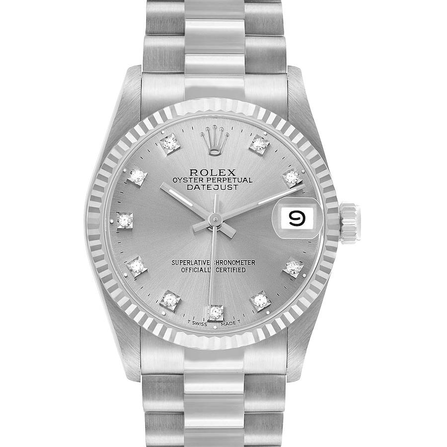 The Rolex President 68279 Women's White Gold Silver Dial model watch is shown from a front angle, highlighting the dial, bezel, and bracelet.