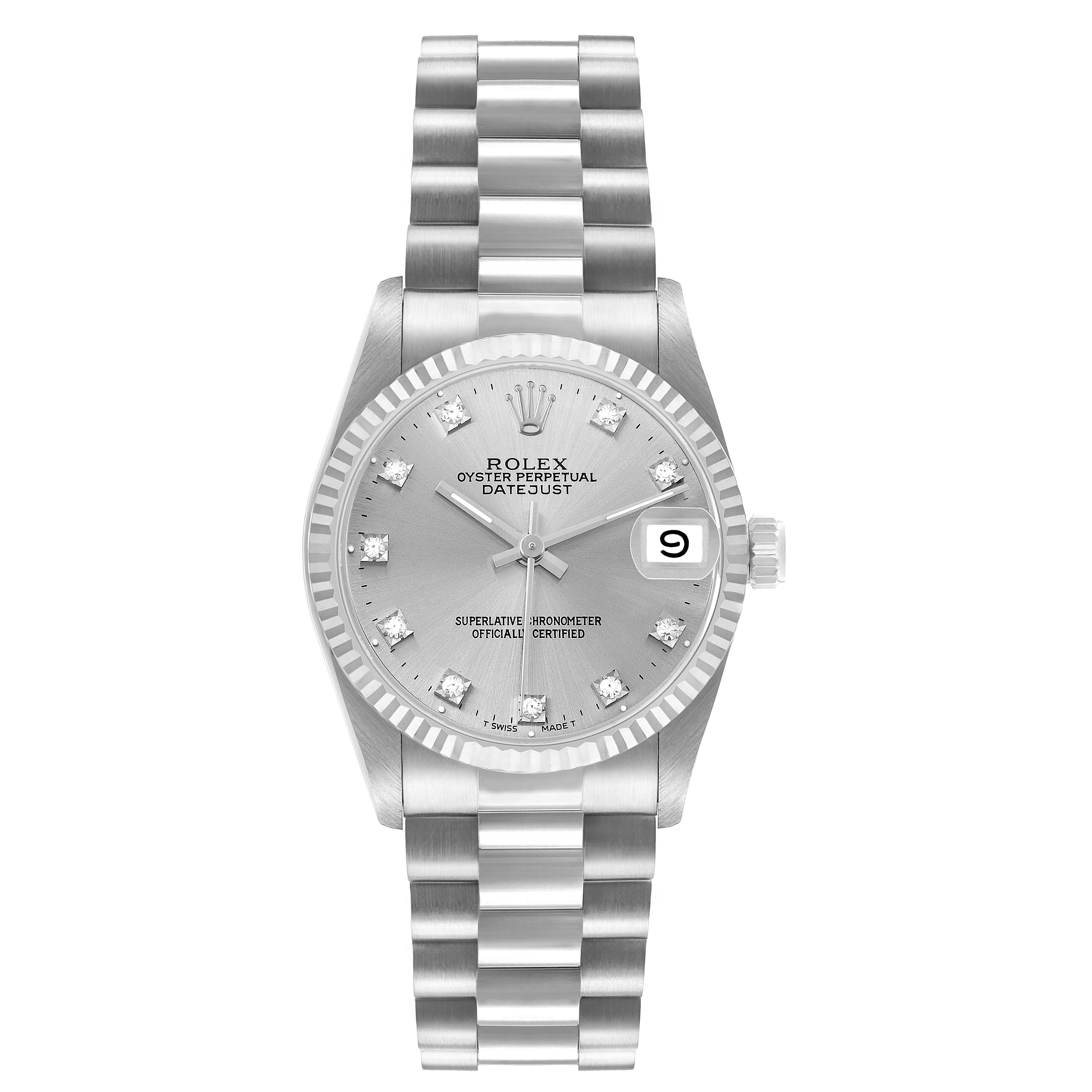The Rolex President 68279 Women's White Gold Silver Dial model watch is shown from the front, displaying the bracelet, bezel, dial, and date window.