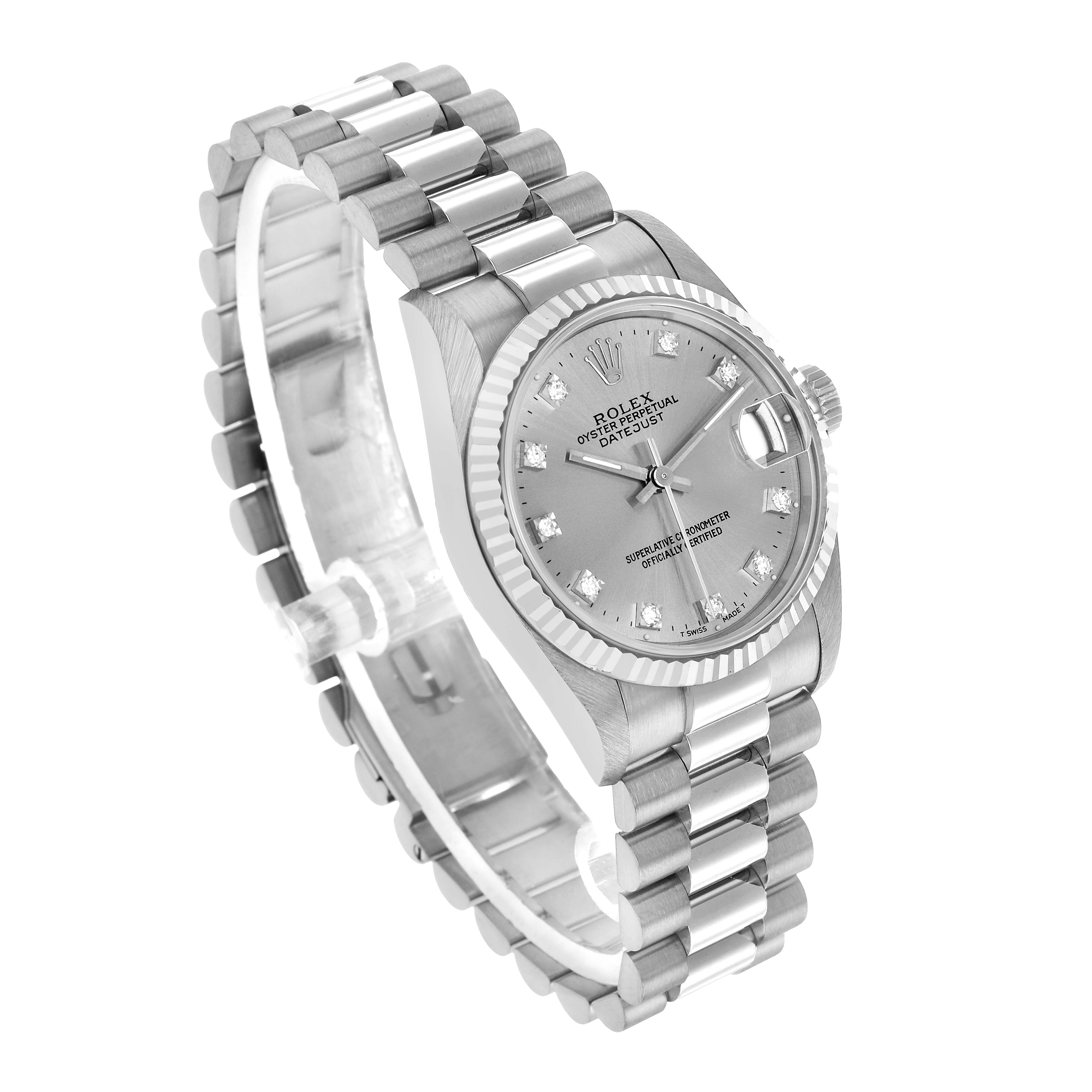 The Rolex President 68279 Women's White Gold Silver Dial model watch is shown at an oblique angle, highlighting the dial, fluted bezel, and bracelet.