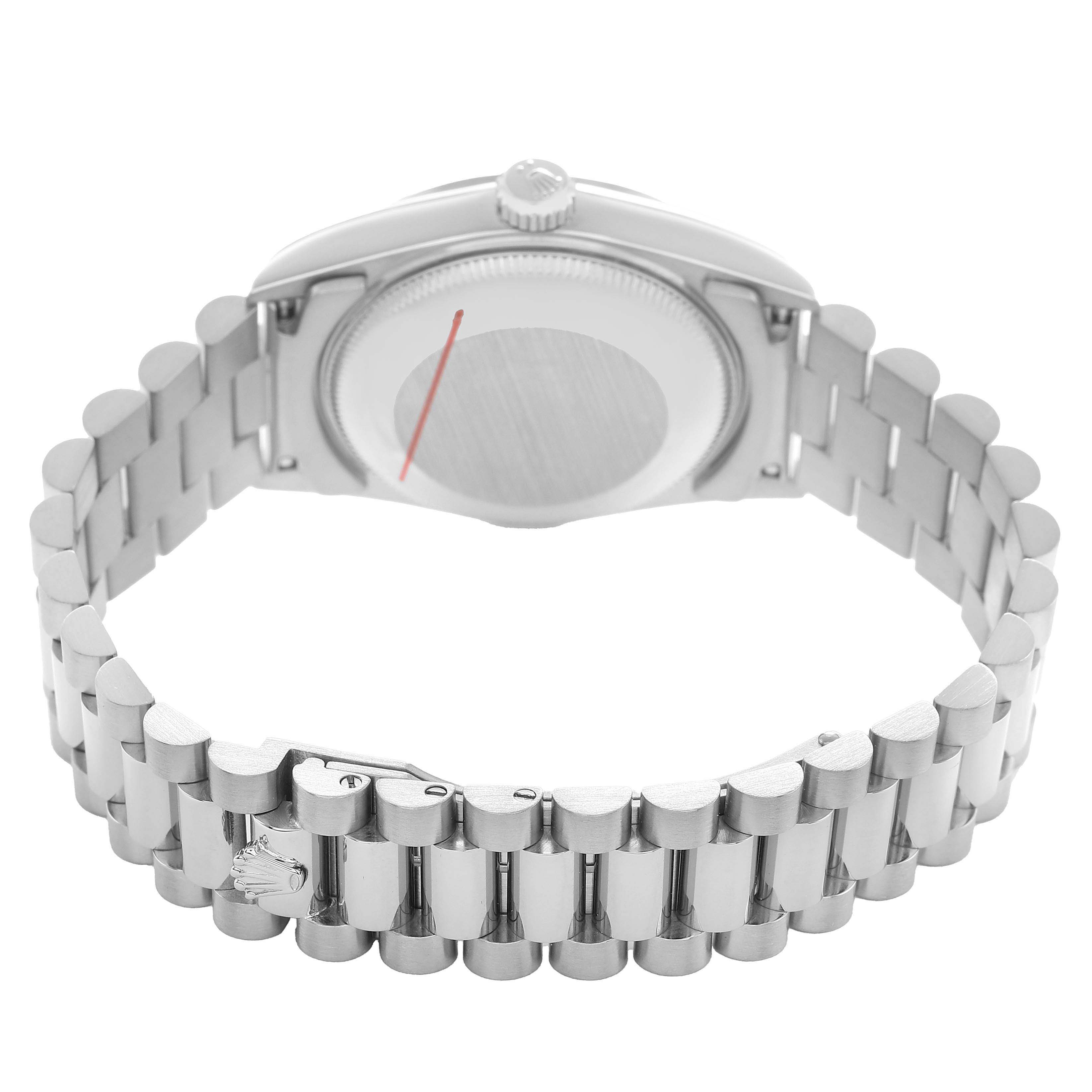 The image shows the back of the Rolex President 68279 Women's White Gold Silver Dial model, focusing on the bracelet and case back.