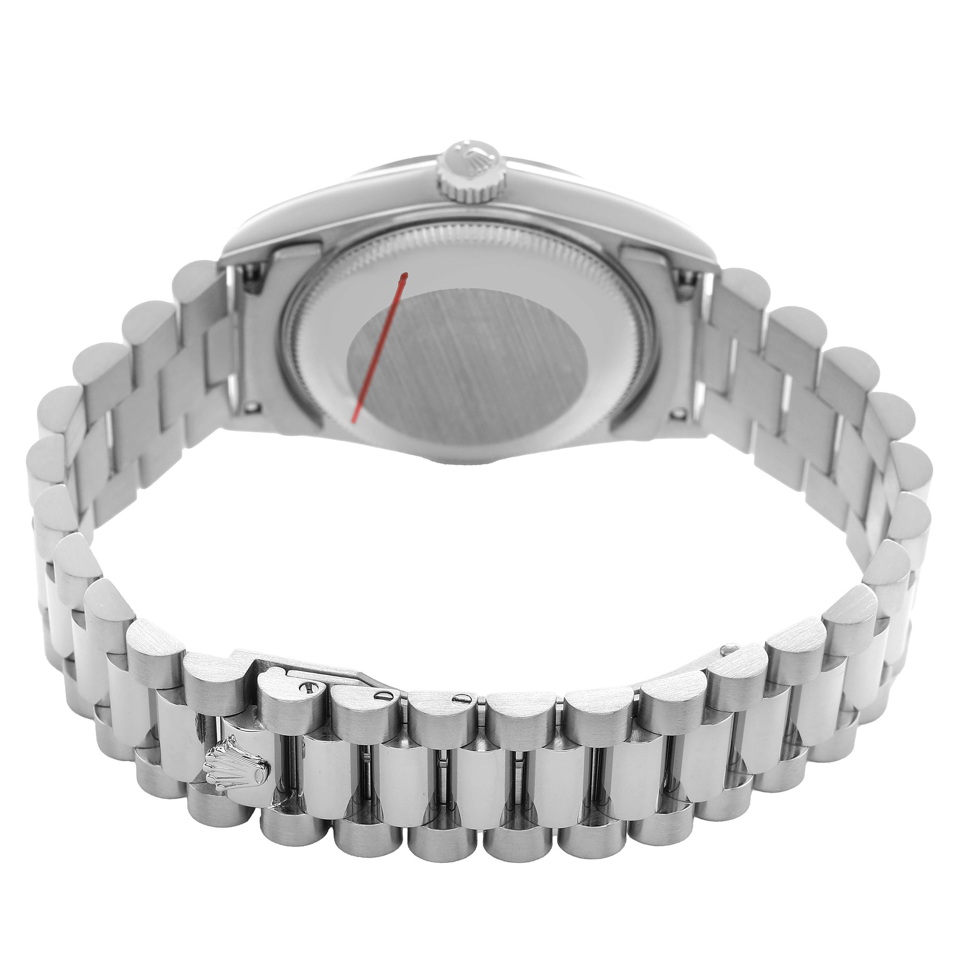 The image shows the back view of a Rolex President 68279 Women's White Gold Silver Dial model, highlighting the case back and bracelet.