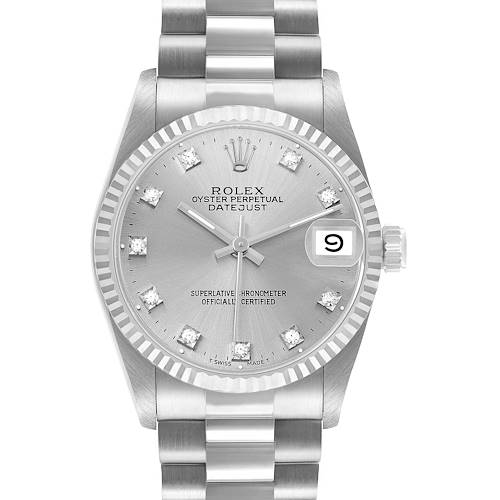 The Rolex President 68279 Women's White Gold Silver Dial model is shown from a front angle, highlighting the dial, date window, bezel, and bracelet.