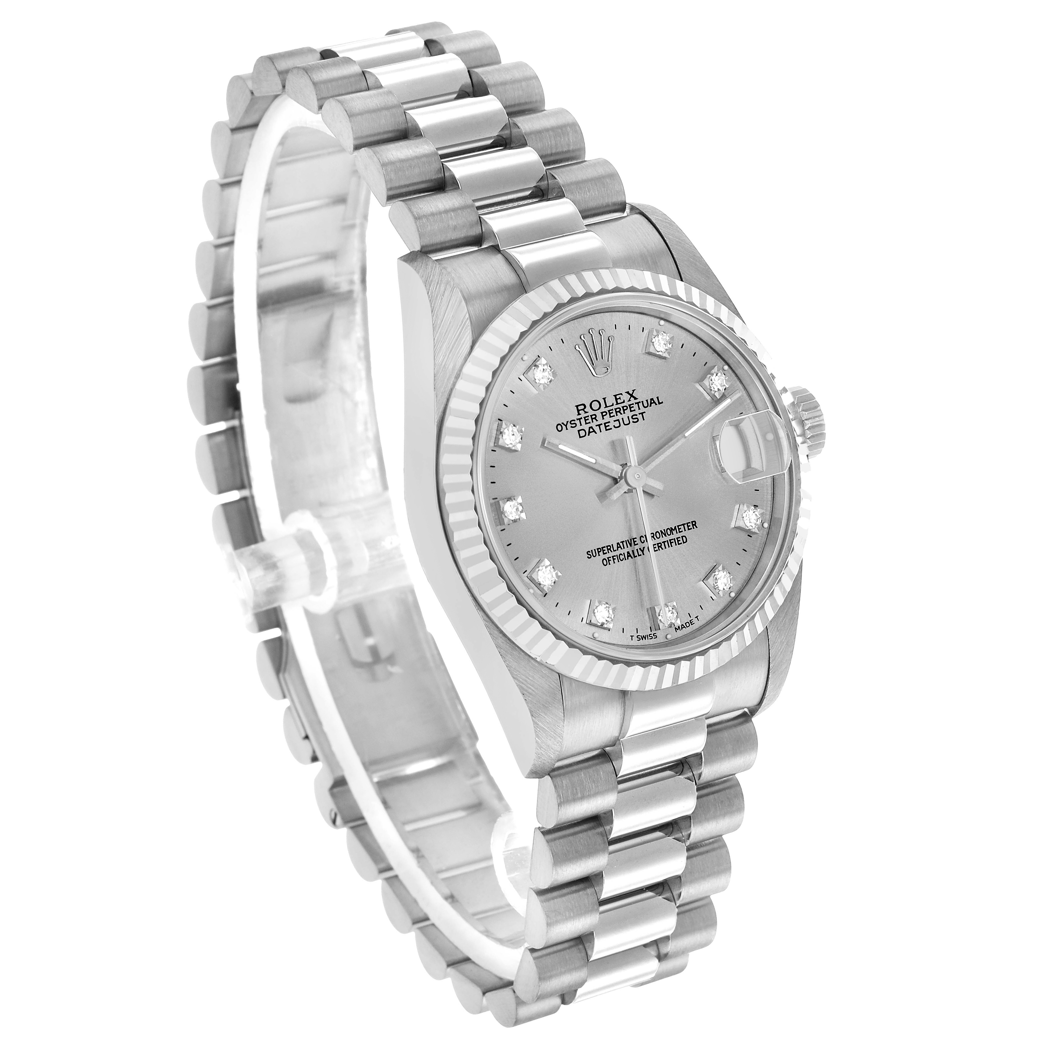 The Rolex President 68279 Women's White Gold Silver Dial model watch is shown at a three-quarter angle, displaying the dial, bezel, crown, and bracelet.