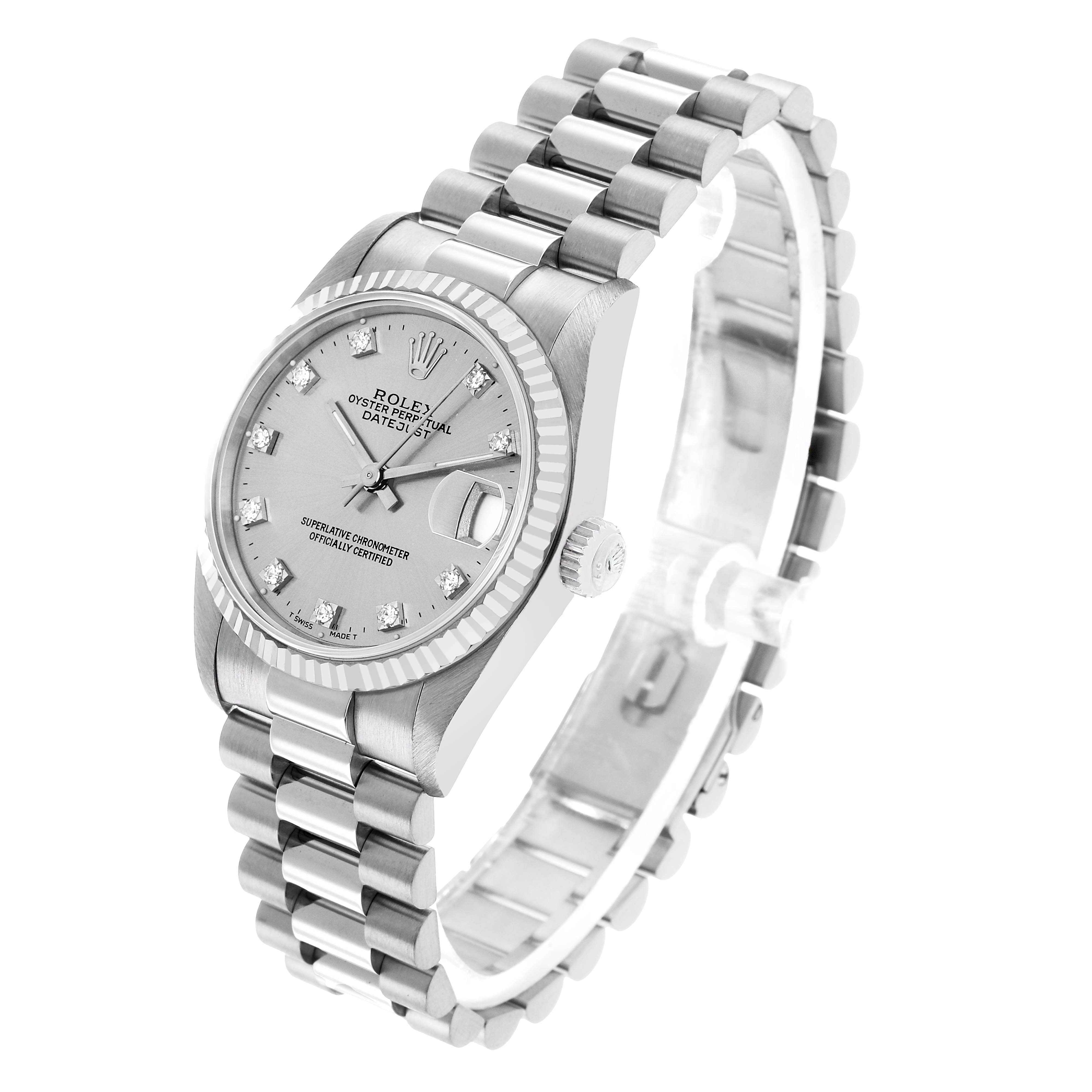 The Rolex President 68279 Women's White Gold Silver Dial model watch is shown at a three-quarter angle, highlighting the face, bezel, crown, and bracelet.