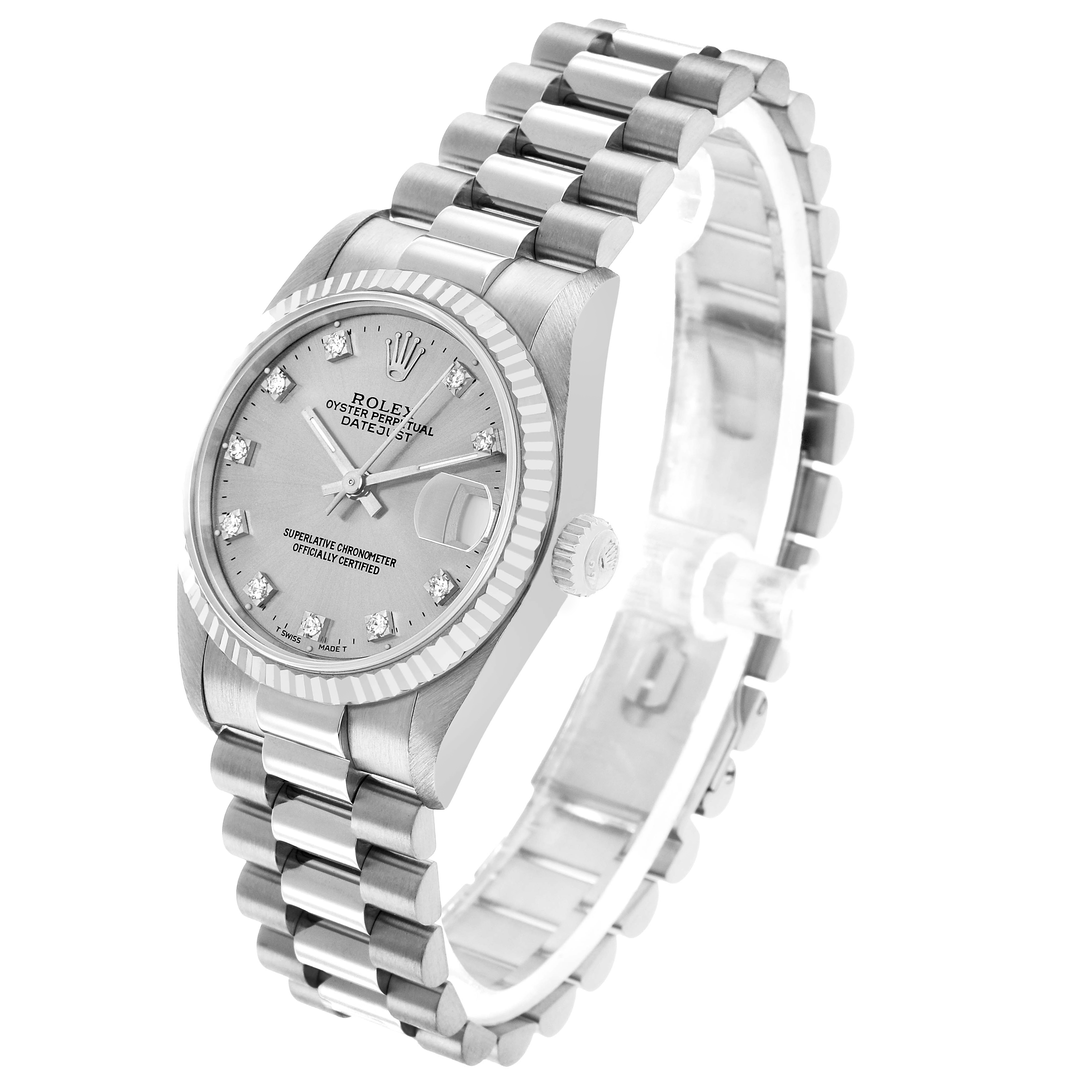 The Rolex President 68279 Women's White Gold Silver Dial model watch is shown at a three-quarter angle, highlighting its face, bezel, crown, and full bracelet.