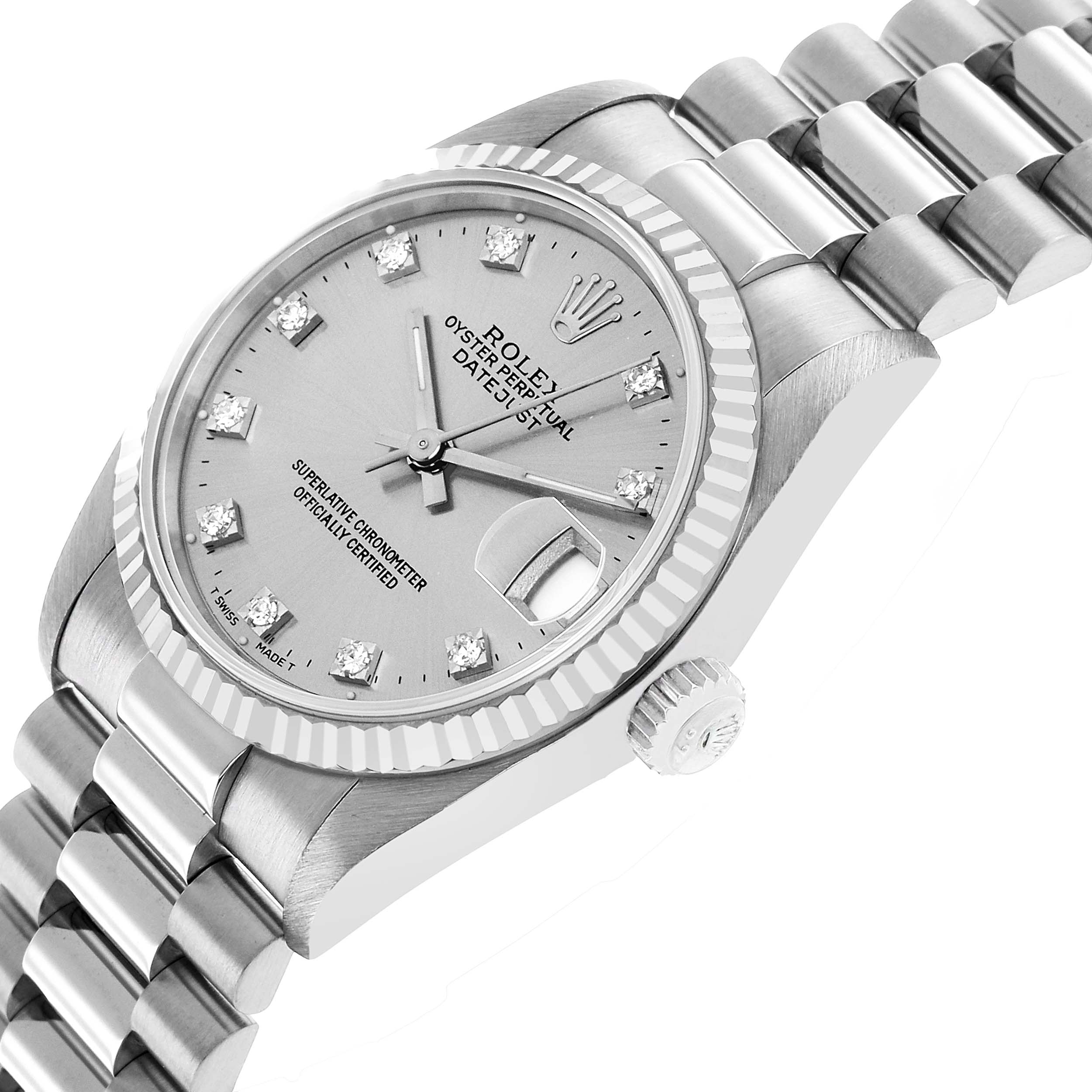 The Rolex President 68279 Women's White Gold Silver Dial watch is angled to show the face, bezel, crown, and part of the bracelet in close-up detail.