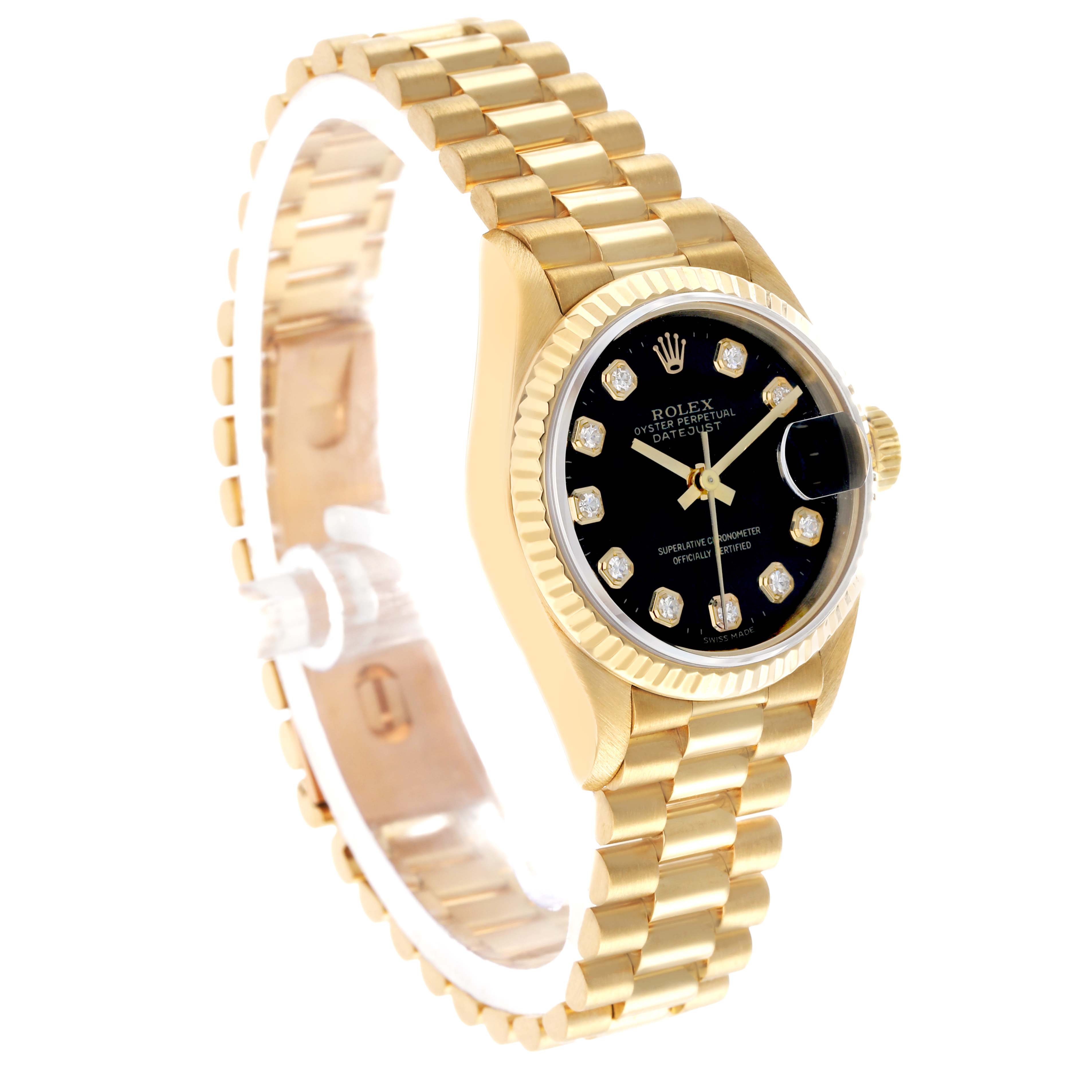 The Rolex President 69178 Women's Yellow Gold Black Dial model is shown at a three-quarter angle, revealing the gold bracelet, bezel, black dial, and diamond hour markers.