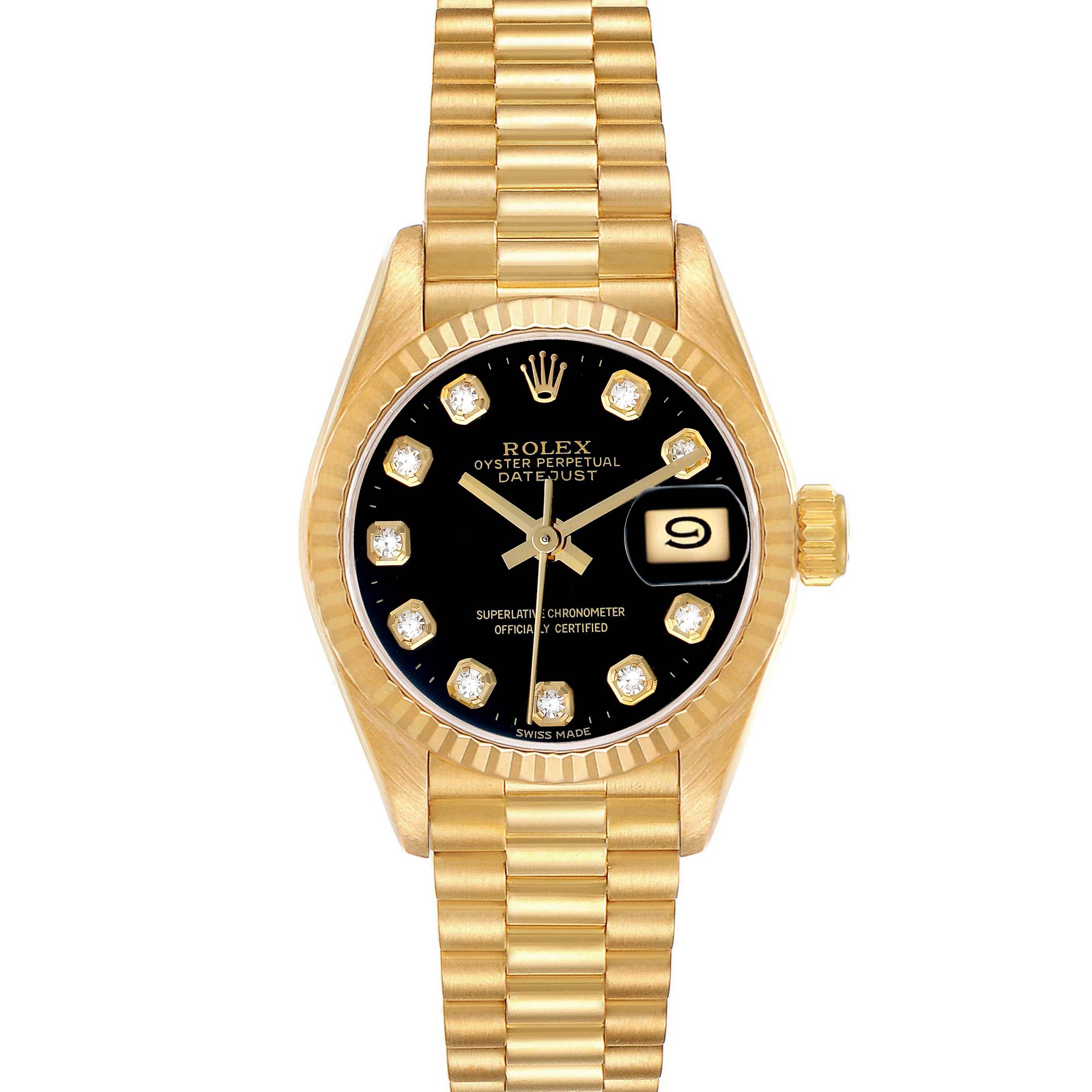 The Rolex President 69178 Women's Yellow Gold Black Dial model is shown from a front view, highlighting the dial, bezel, and bracelet.